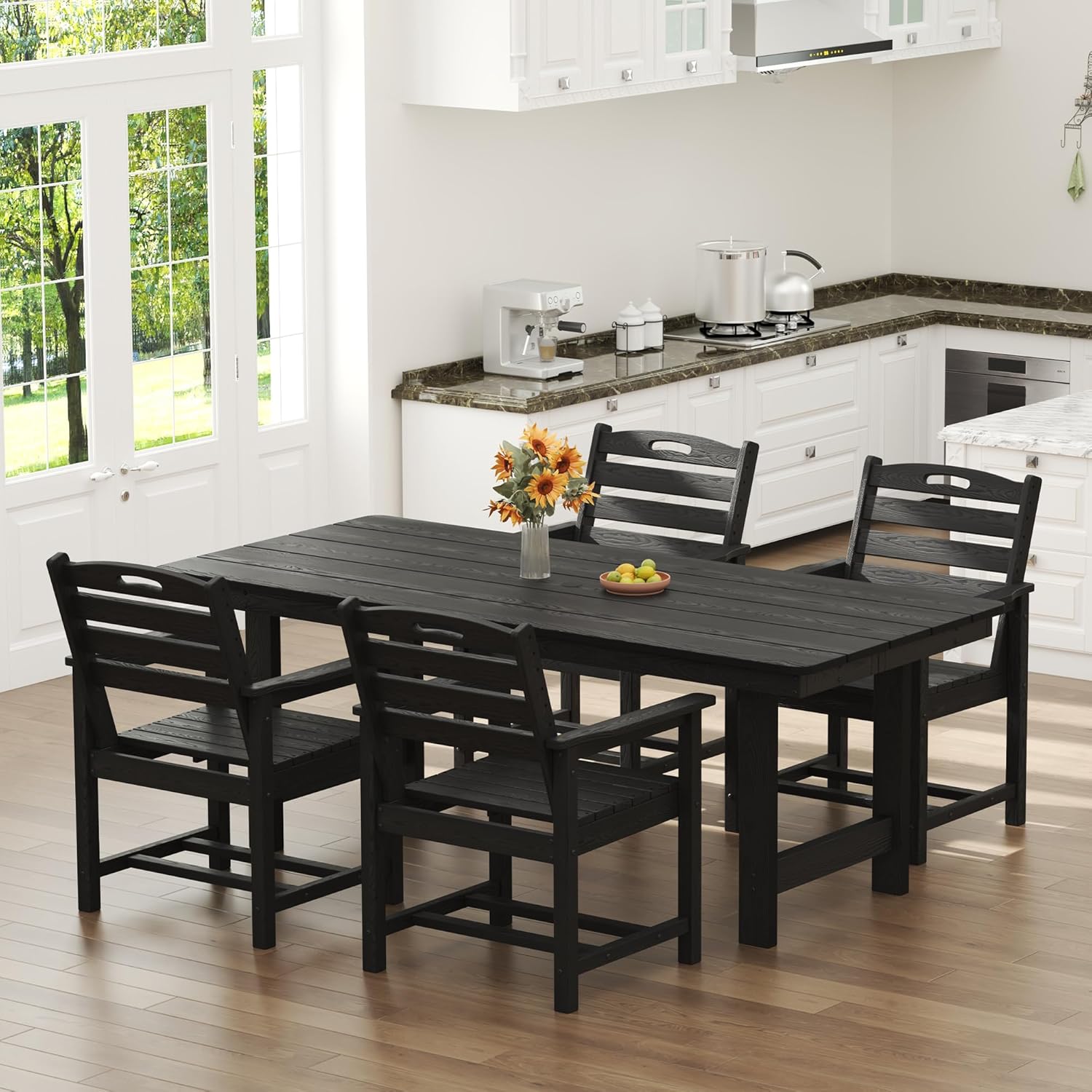 PIZZELLO Patio Dining Table for 6, 66 Rectangular HDPE Outdoor Dining Table with 1.8 Umbrella Hole, All Weather Outdoor Patio Table for Lawn Backyard Garden, Black