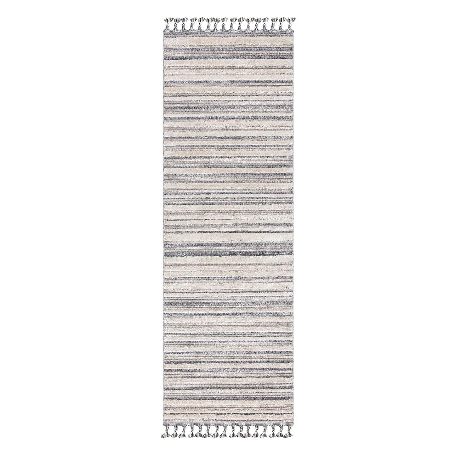 BOHOUSE - Tapis bohème chic à franges tressées crème et gris 80x300cm