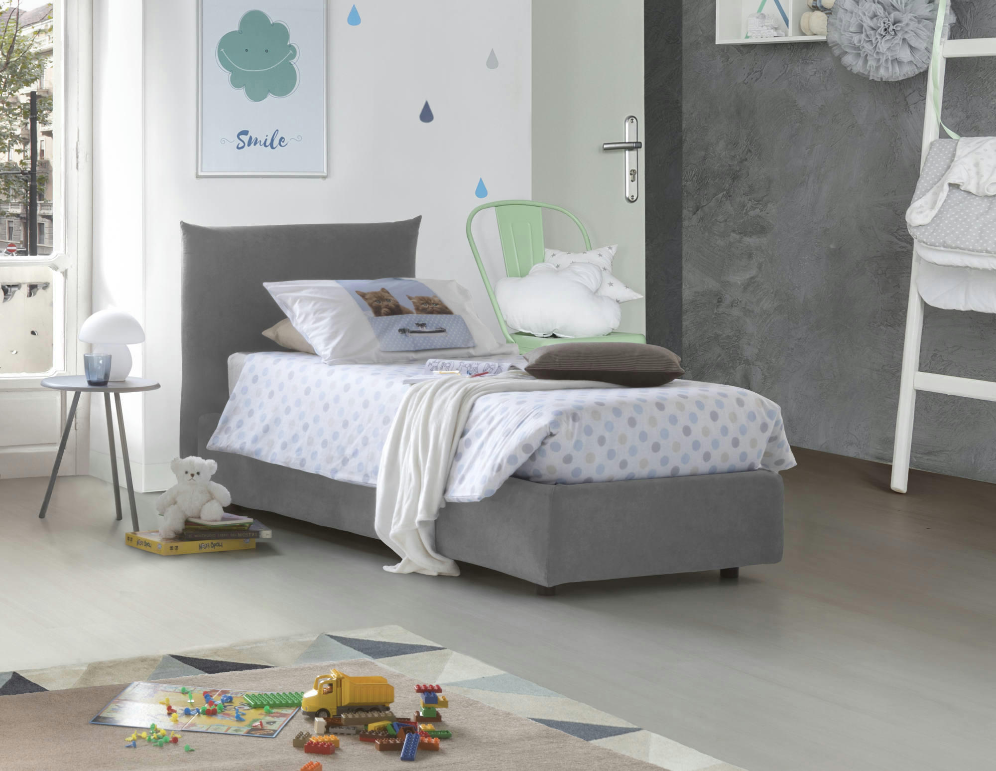 MARINA - Lit coffre 80x190 cm en tissu gris