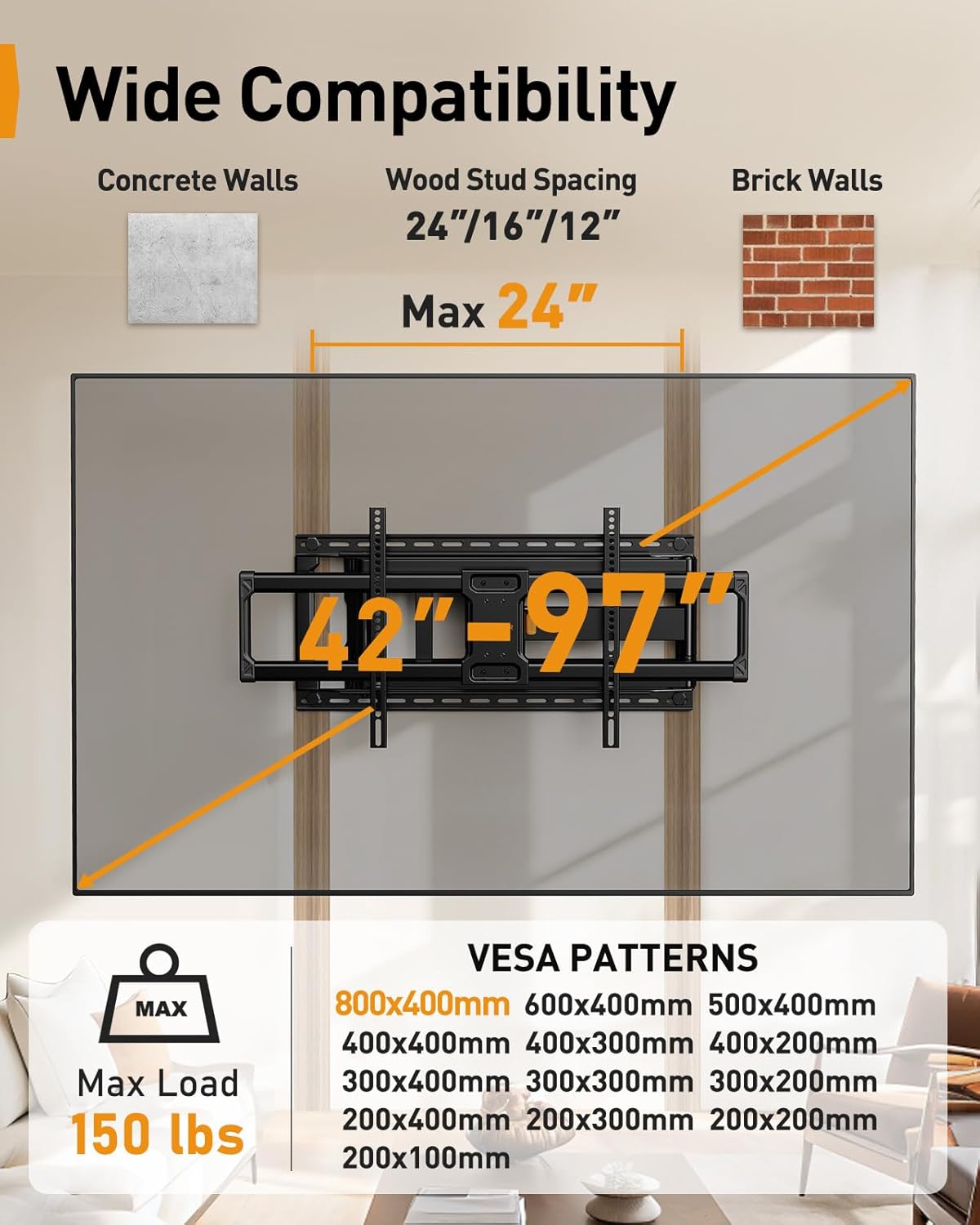 Perlegear Long Arm Full Motion TV Wall Mount for 42–97 Inch TVs up to 150 lbs, Pre-Assembled TV Mount with Full Swivel, Tilt and Extension, Fits 8″/12″/16″/24″ Wood Studs, Max VESA 800x400mm, PGXLF02