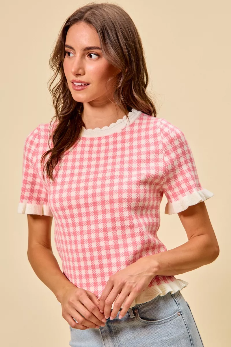 Gingham Knit Ruffled Short Sleeves Sweater Top