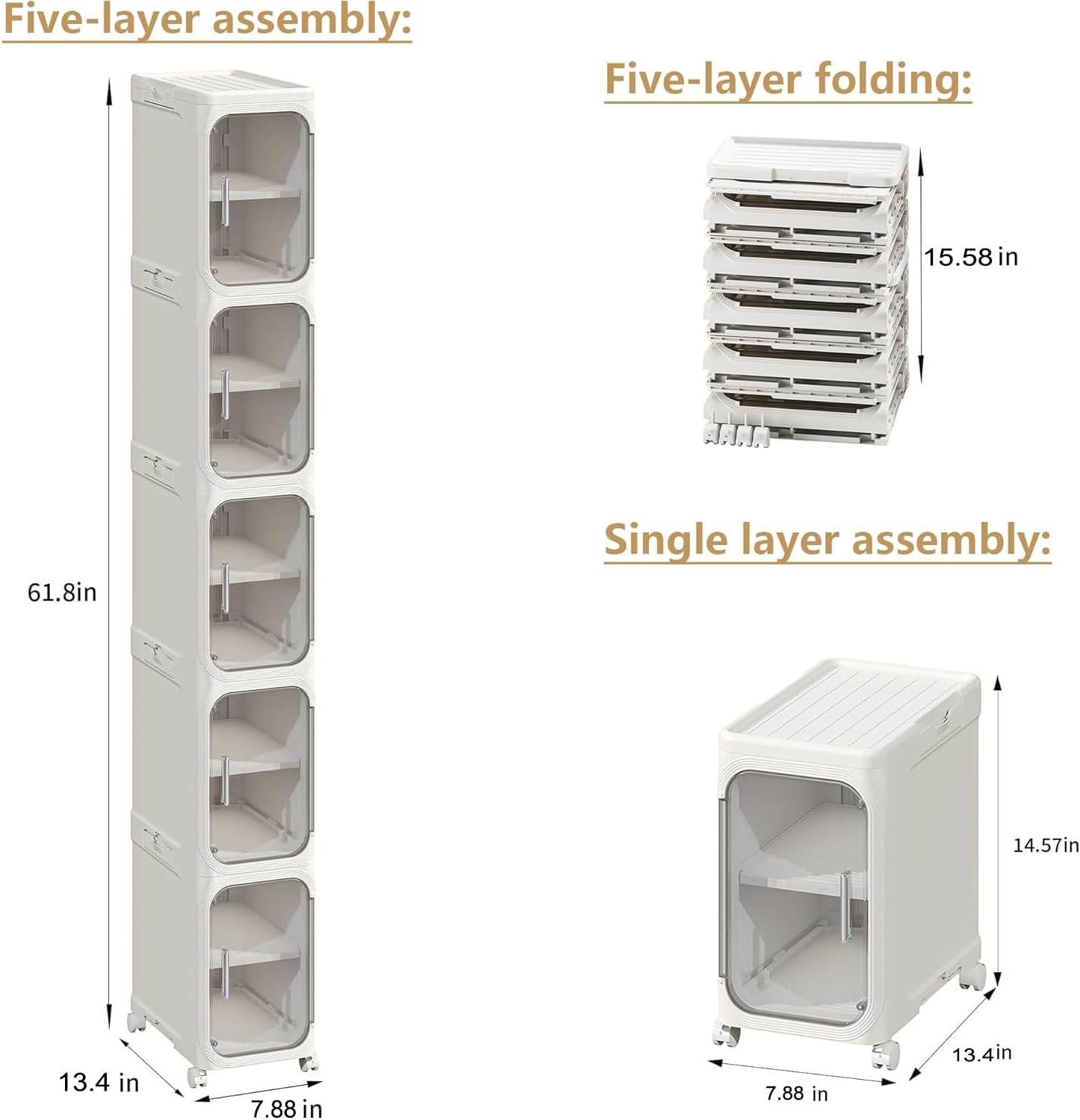 5-Tier Tall Narrow Storage Cabinet, Slim Bathroom Storage Cabinet with Adjustable Shelves and Wheels, Narrow Organizer for Small Space, Bathroom, Kitchen, Laundry, White