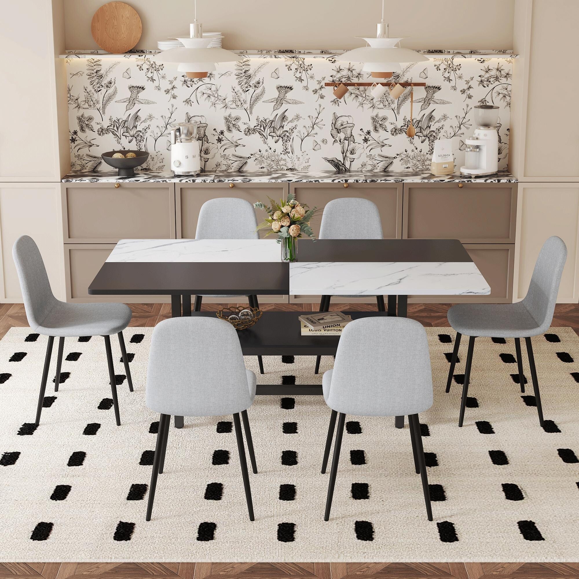 Dining Table with Storage, Scratch-Resistant MDF White & Black Top, Linen-Cotton Chairs, Iron Pipe Spraying Legs