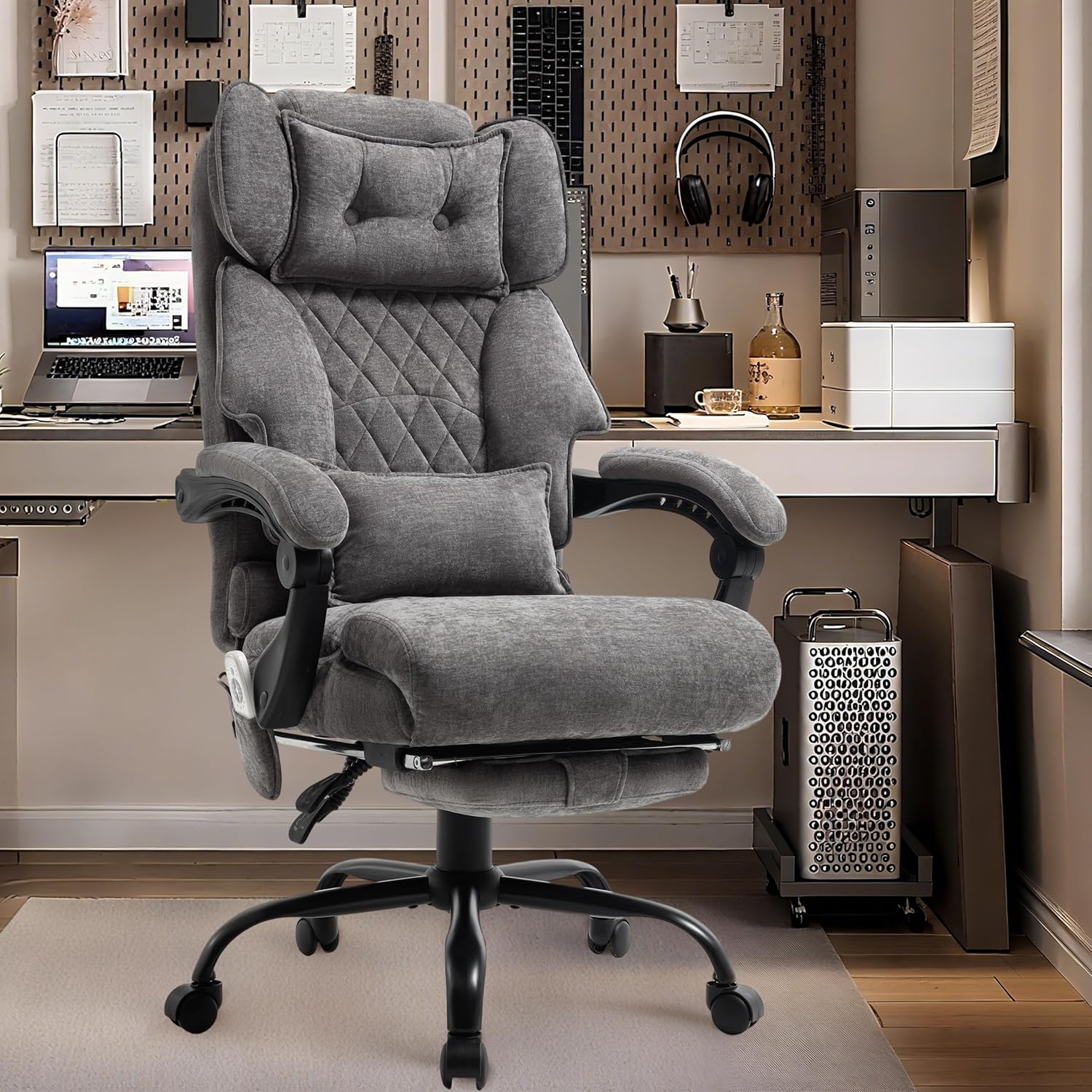 Massage Office Chair with Foot Rest,6 Points Vibration & Heat Executive Office Chairs for Heavy People,500LBS Big and Tall Office Chair,Ergonomic Reclining Desk Chair,Dual-Use Pillow,Grey