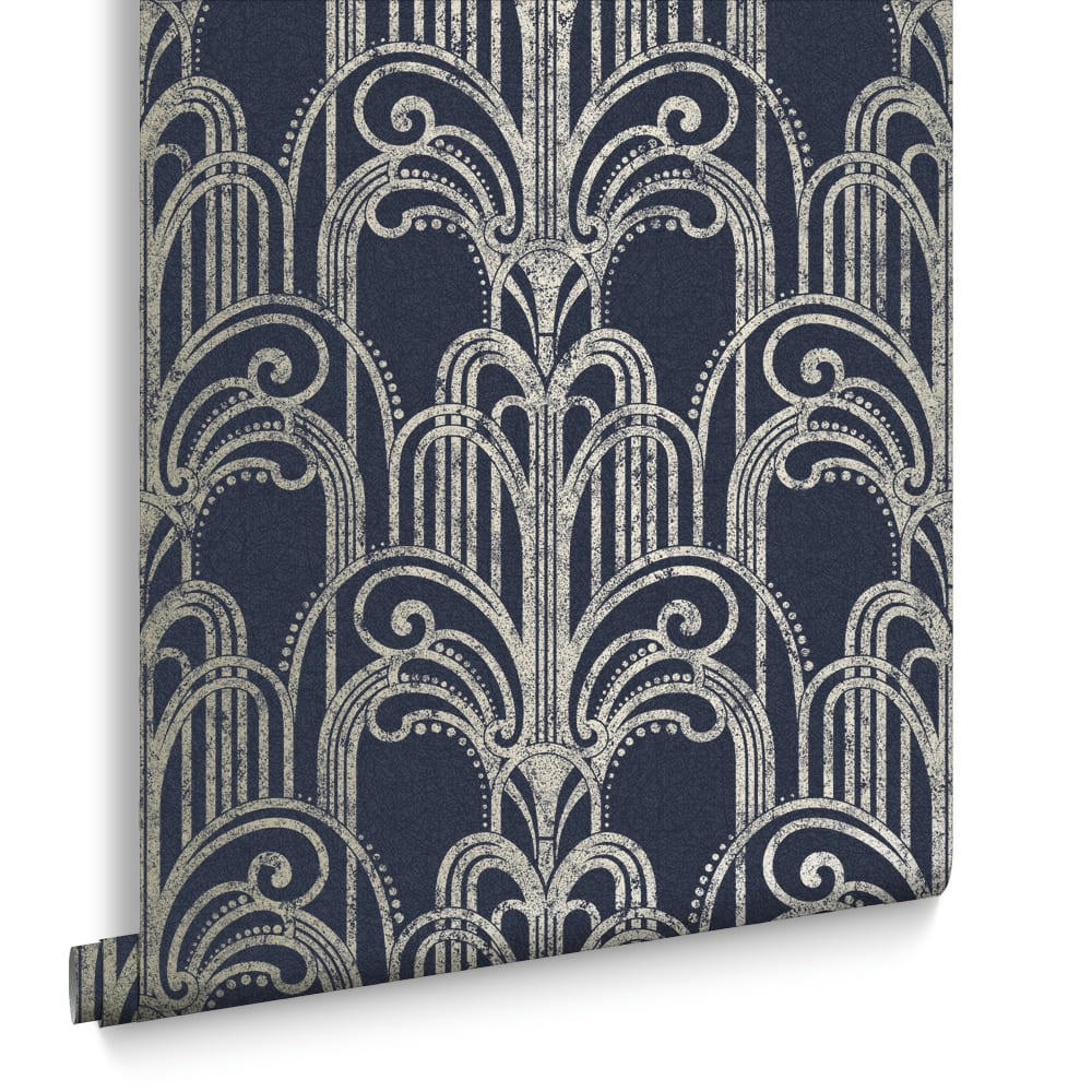 - papier peint art deco midnight bleu argent 1005x52cm