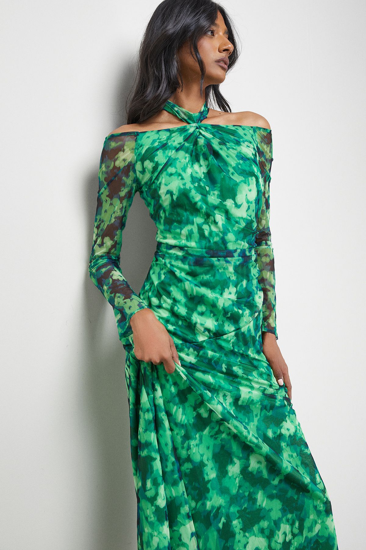 Warehouse Print Twist Mesh Midi Dress