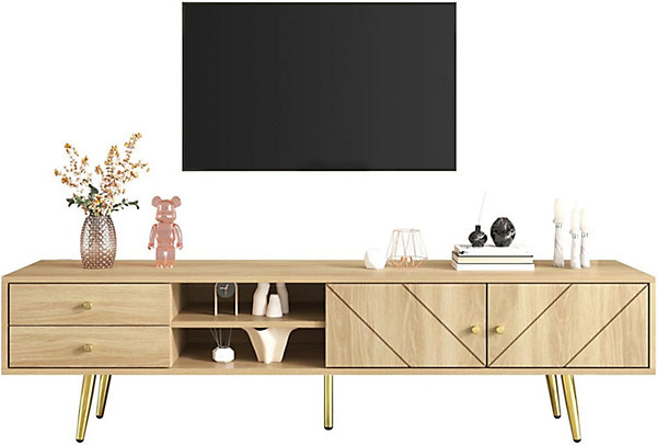 Meuble TV bas aspect bois 160 cm - 2 tiroirs, portes avec design rainuré, pieds dorés, espace de rangement, MDF,couleur bois