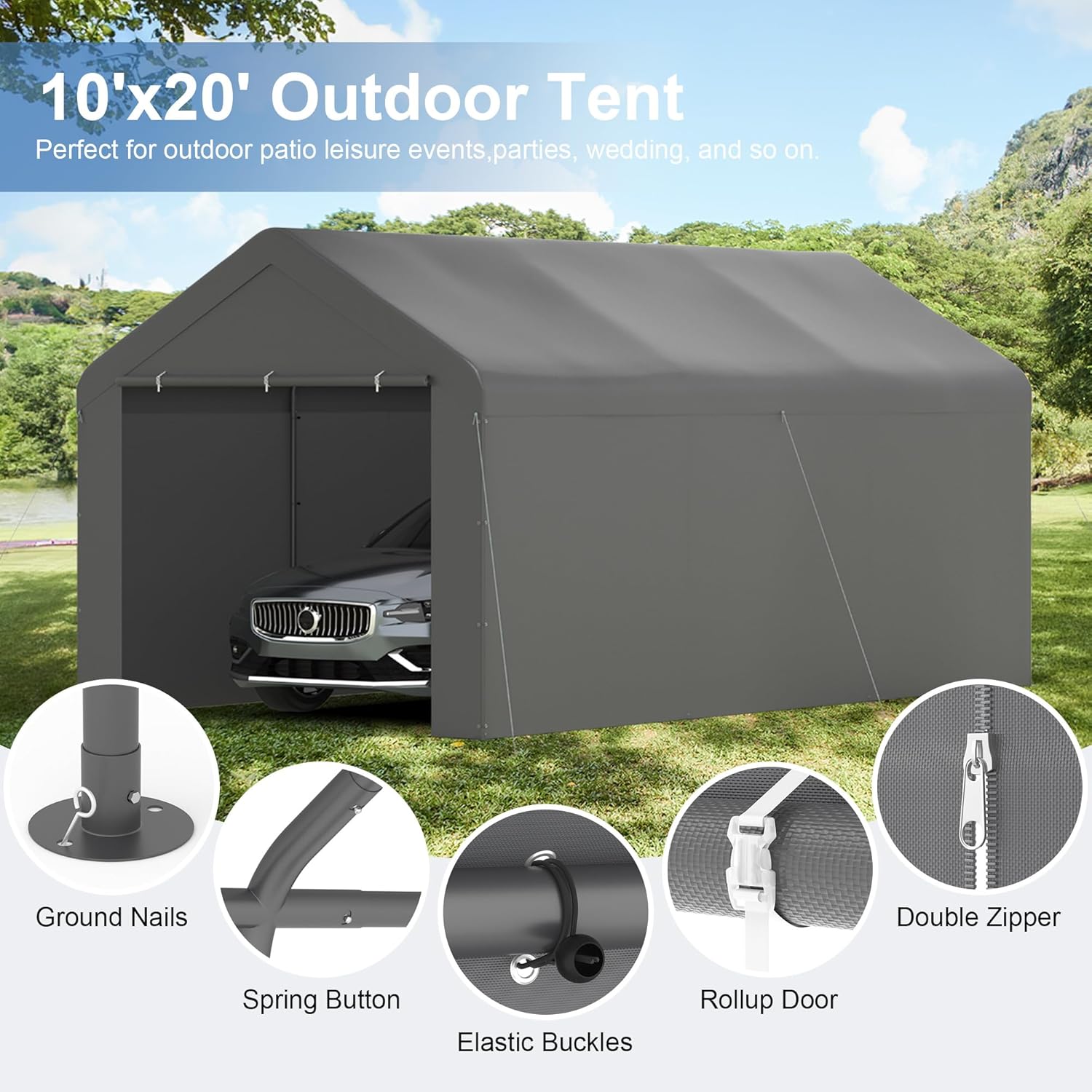 GOJOOASIS Carport 10x20 Car Ports Heavy Duty Outdoor Car Canopy Shelter Storage Tent Portable Garage with UV Protection, Waterproof & Rust-Proof, Easy Assembly for Cars, Trucks, Vehicles (Grey)