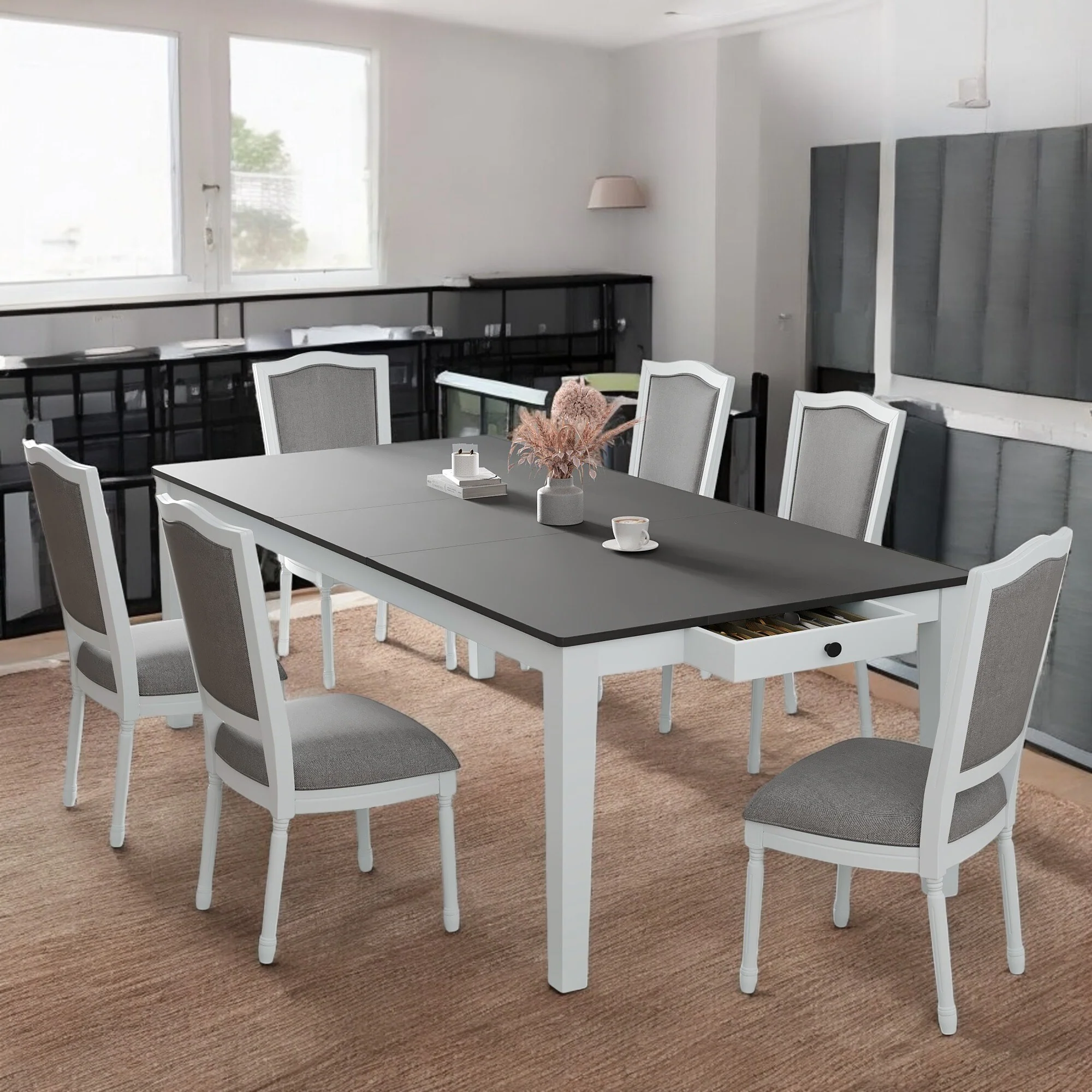 Rustic 7-Piece Extendable Dining Table Set with 6 Upholstered Chairs, 18 Removable Leaf, Built-in Drawers, Solid Wood