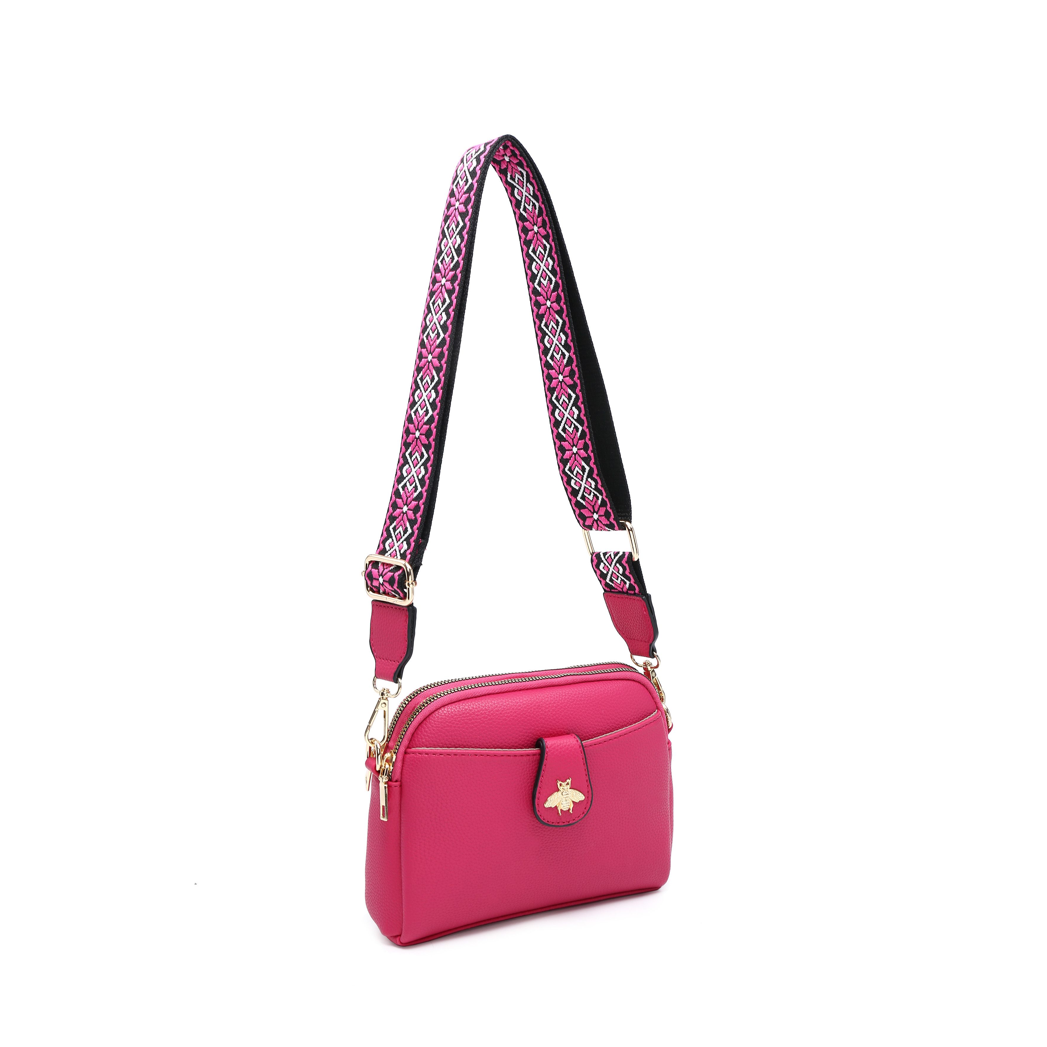 JFY Bee Badge Two Zipped Sections Canvas Strap Cross Body Bag