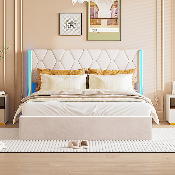 Lit Coffre 140x200 cm avec Rangement et LED, Cadre de lit avec Sommier à Lattes, Velours, Beige