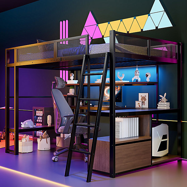 Lit Mezzanine 140x200 cm - Lit Double avec LED Intégrée et Bureau, Garde-Corps Sécurisé, sans Matelas - Métal Noir