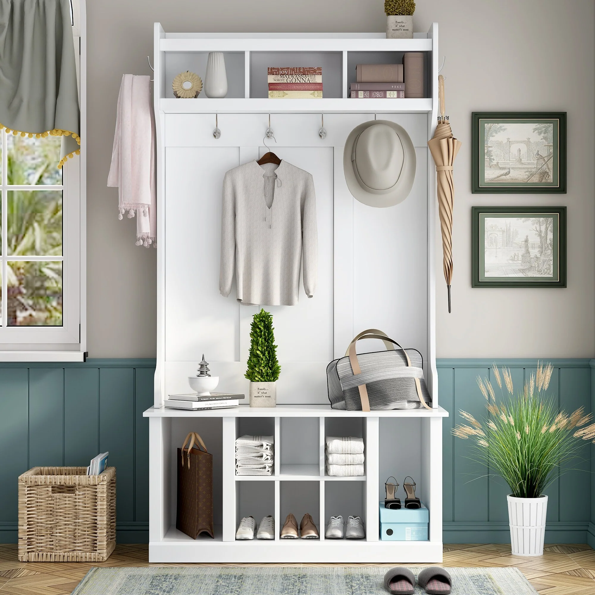 Farmhouse Hall Tree with Bench and Shoe Storage Compartments, Multi-Functional Entryway Cabinet with 6 Hanging Hooks