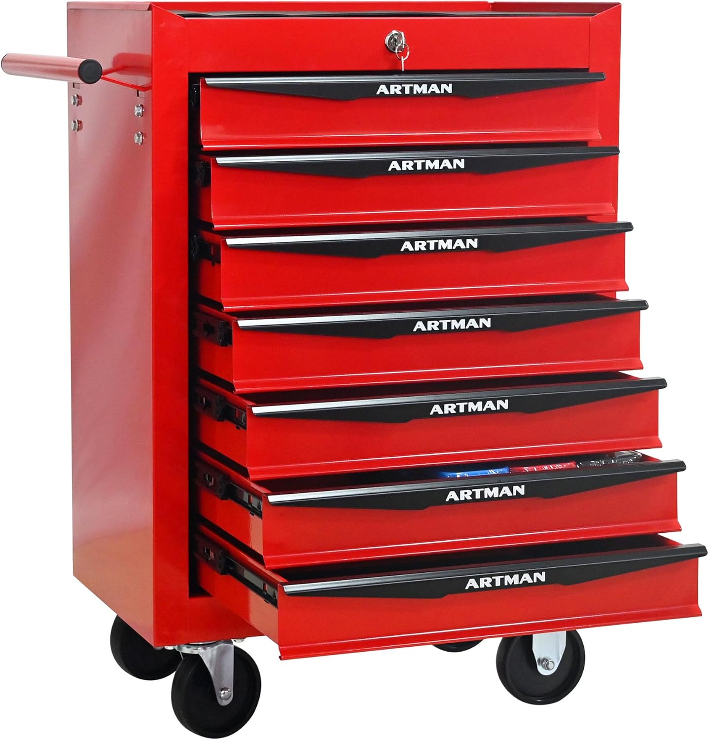 Red Metal Tool Chest with Wheels,Portable Rolling Tool Cabinet with 7 Drawers,Large Tools Chests & Cabinets with Key Locking/Pull Handle/Ball Bearing Slide for Garage Warehouse (Red+Black 7-Drawer)