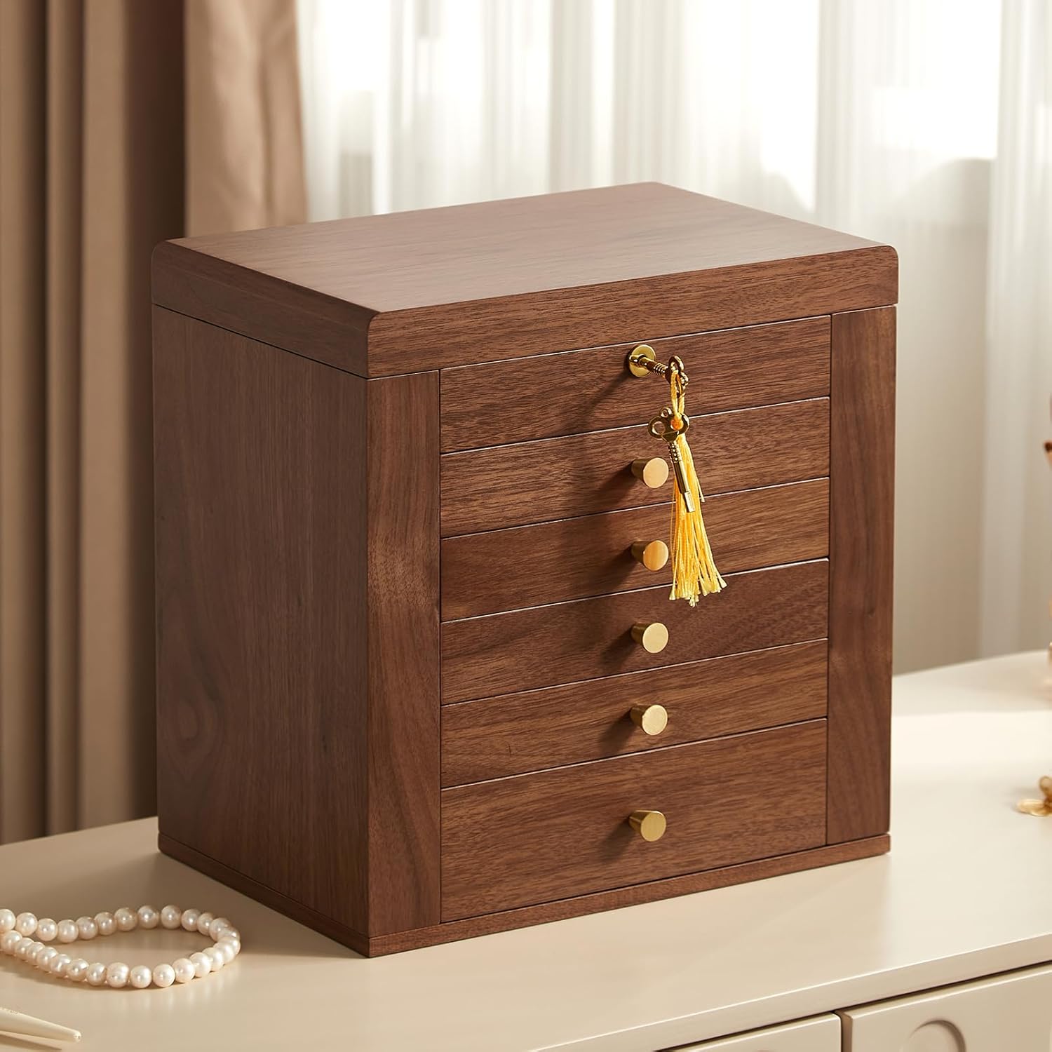 Black Walnut Wooden Jewelry Box, Wood Jewelry Organizer with 2 Side Doors Mirror Lockable Classical Style for Watch Necklace Ring Earring Storage Mothers Day Gifts for Mom-6 Layer