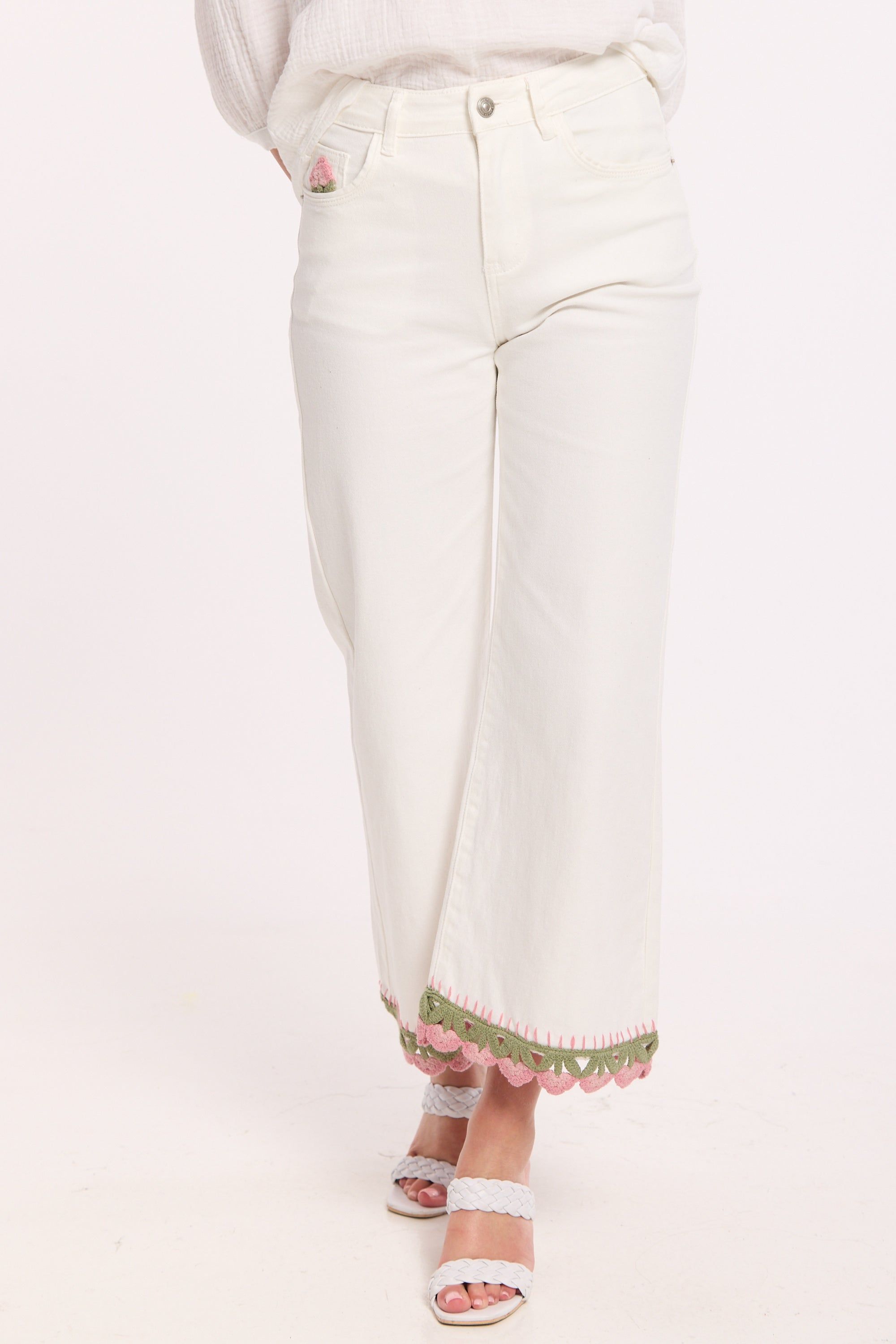 House of Holland Crochet Trim Wide Leg Cotton Jeans