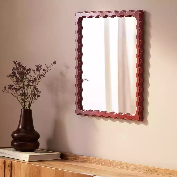 Habitat Red Wood Lacquered Wavy Wall Mirror - 48x40cm