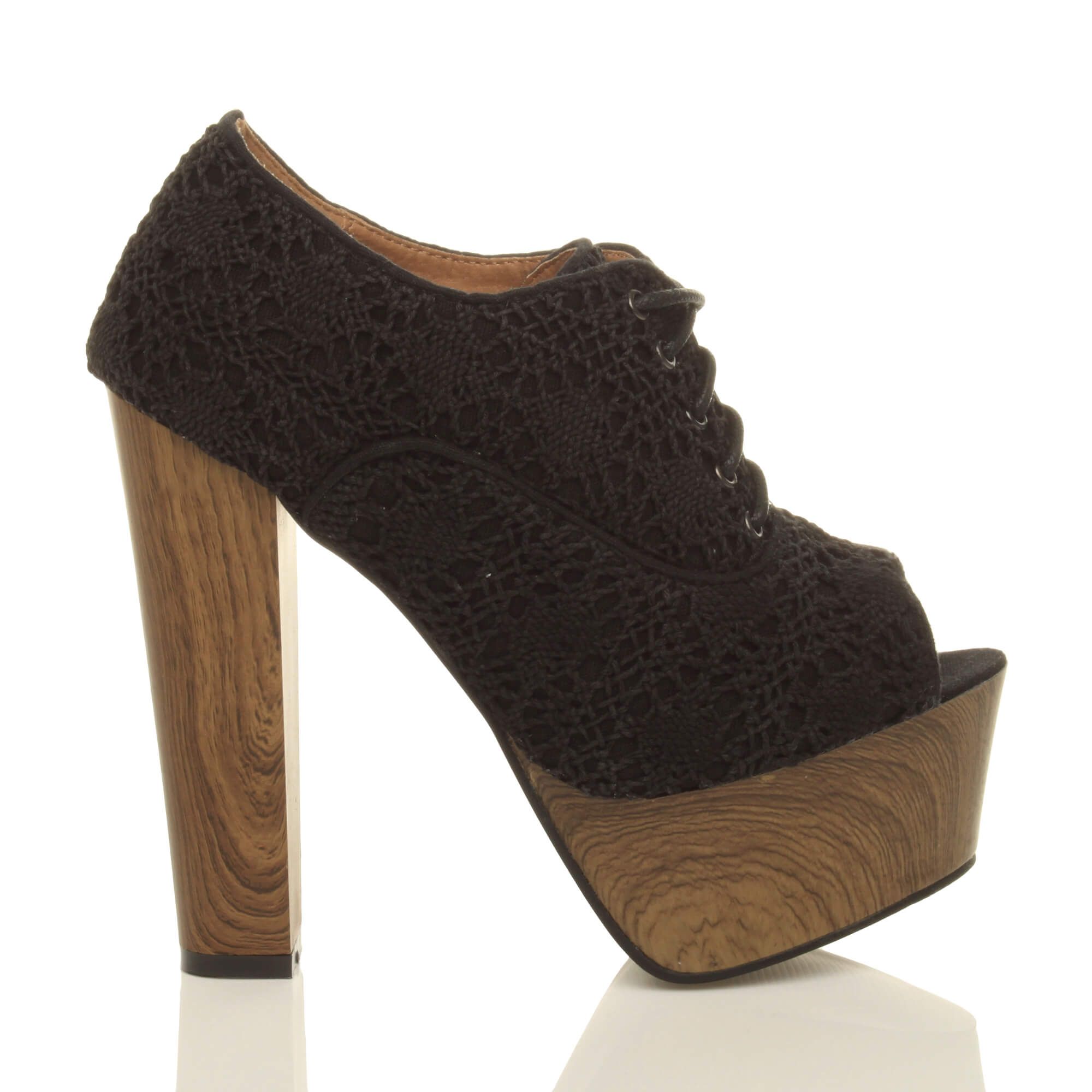 AJVANI High Block Heel Crochet Lace Up Platform Peep Toe Shoe Boots
