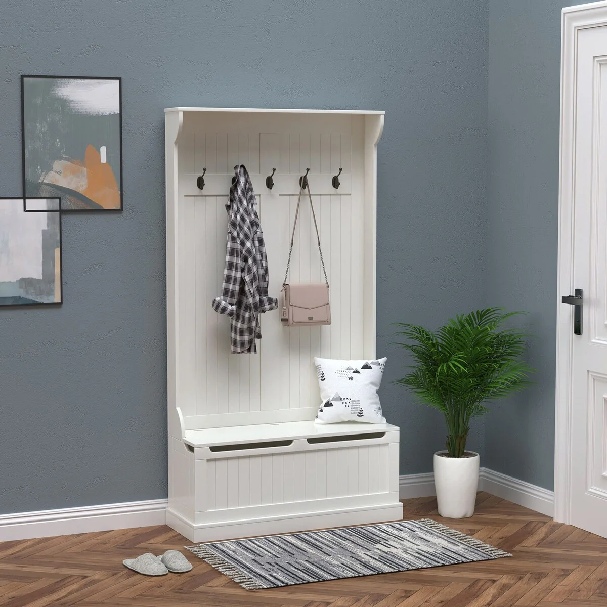38 3-in-1 Entryway Hall Tree with Storage Bench, Coat Rack with Four Hooks and Shoe Storage