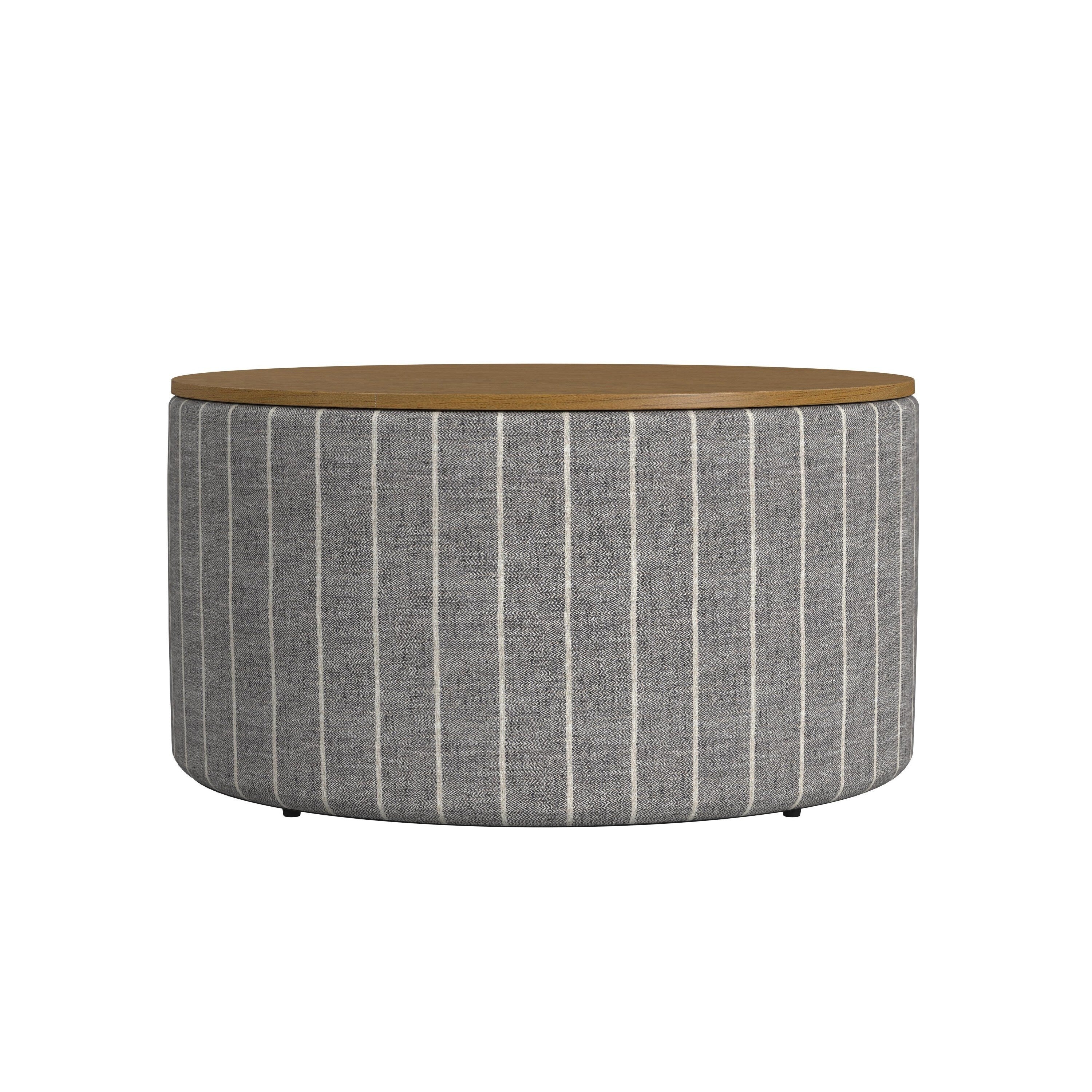 Jena Storage Ottoman, 30 Inch Round Lift Tray Top, Gray Pinstripe