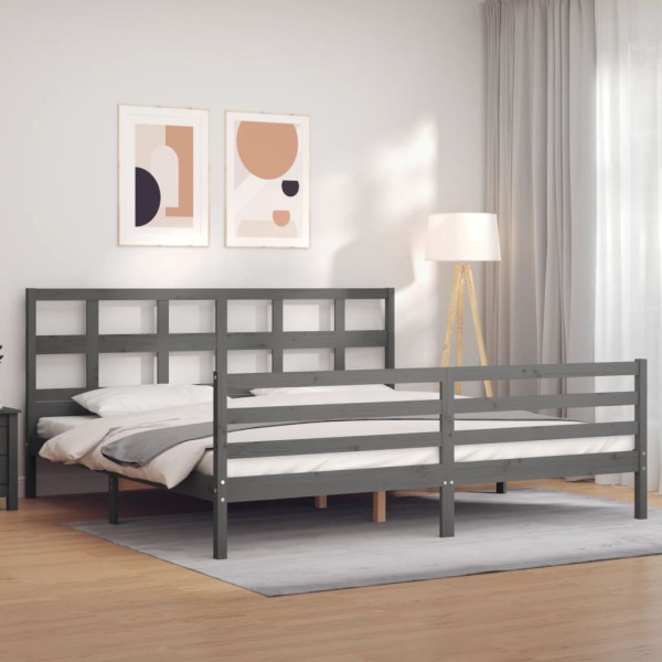 Rama łóżka z wezgłowiem szara 200x200 cm lite drewno