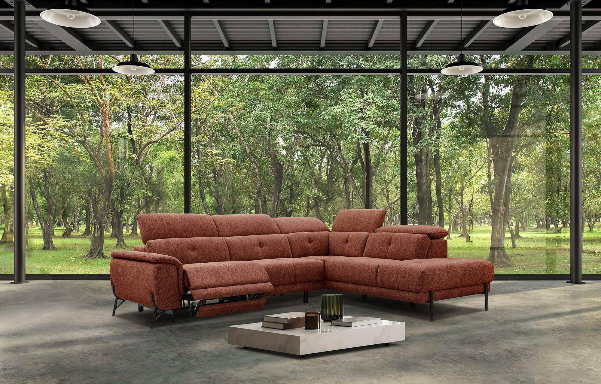 AVENA - Canapé d'angle droit 5 places avec une relax électrique tissu brique