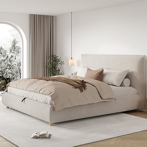 Lit coffre capitonné 180x200 cm - Tête de lit capitonnée - Rangement sous le lit - Pieds en bois massif - velours - Beige