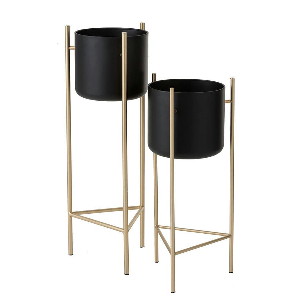 - Cache-pot noir + pied métal doré H81cm