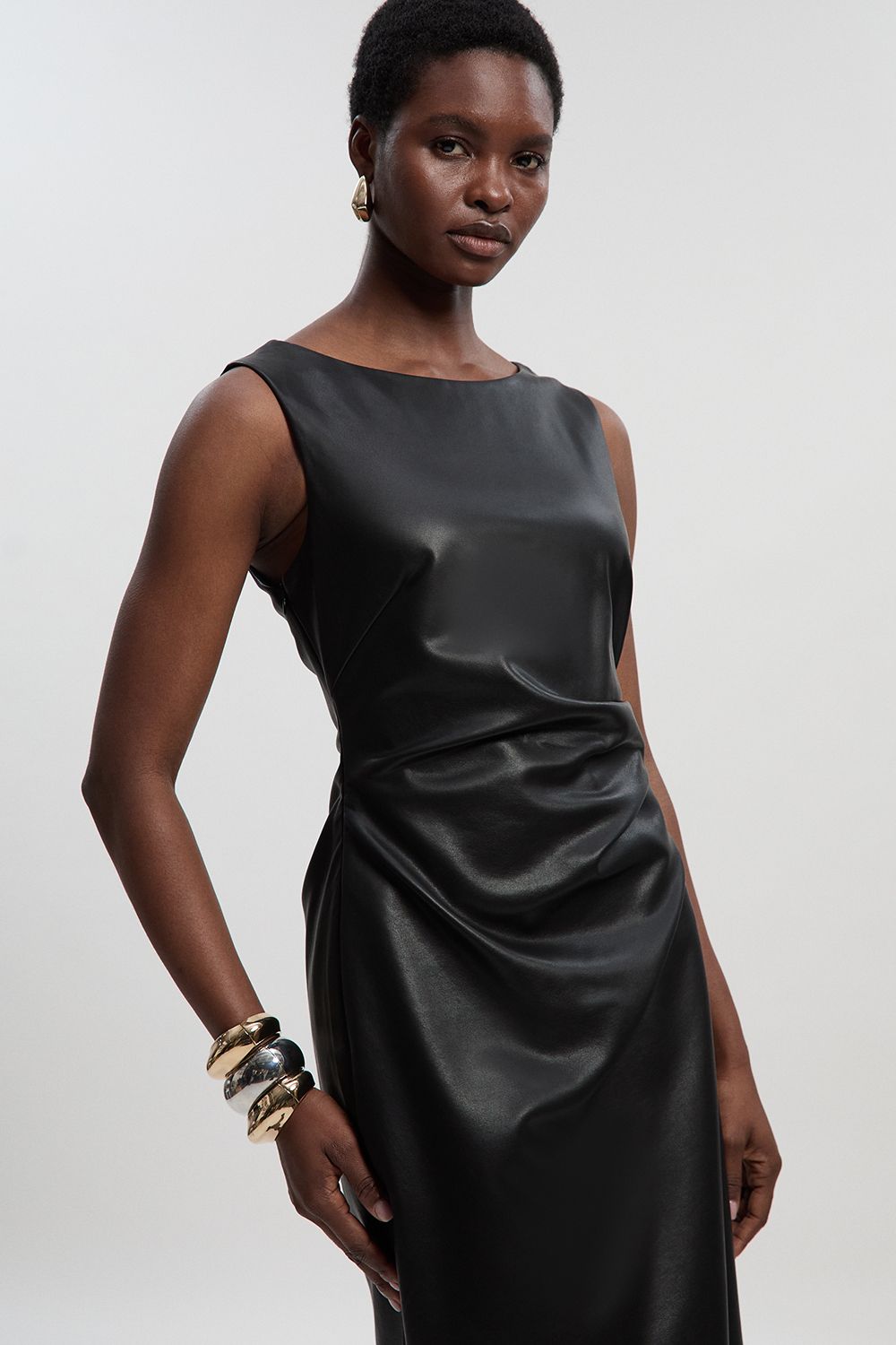 KarenMillen Faux Leather Ruched Asymmetric Pencil Dress