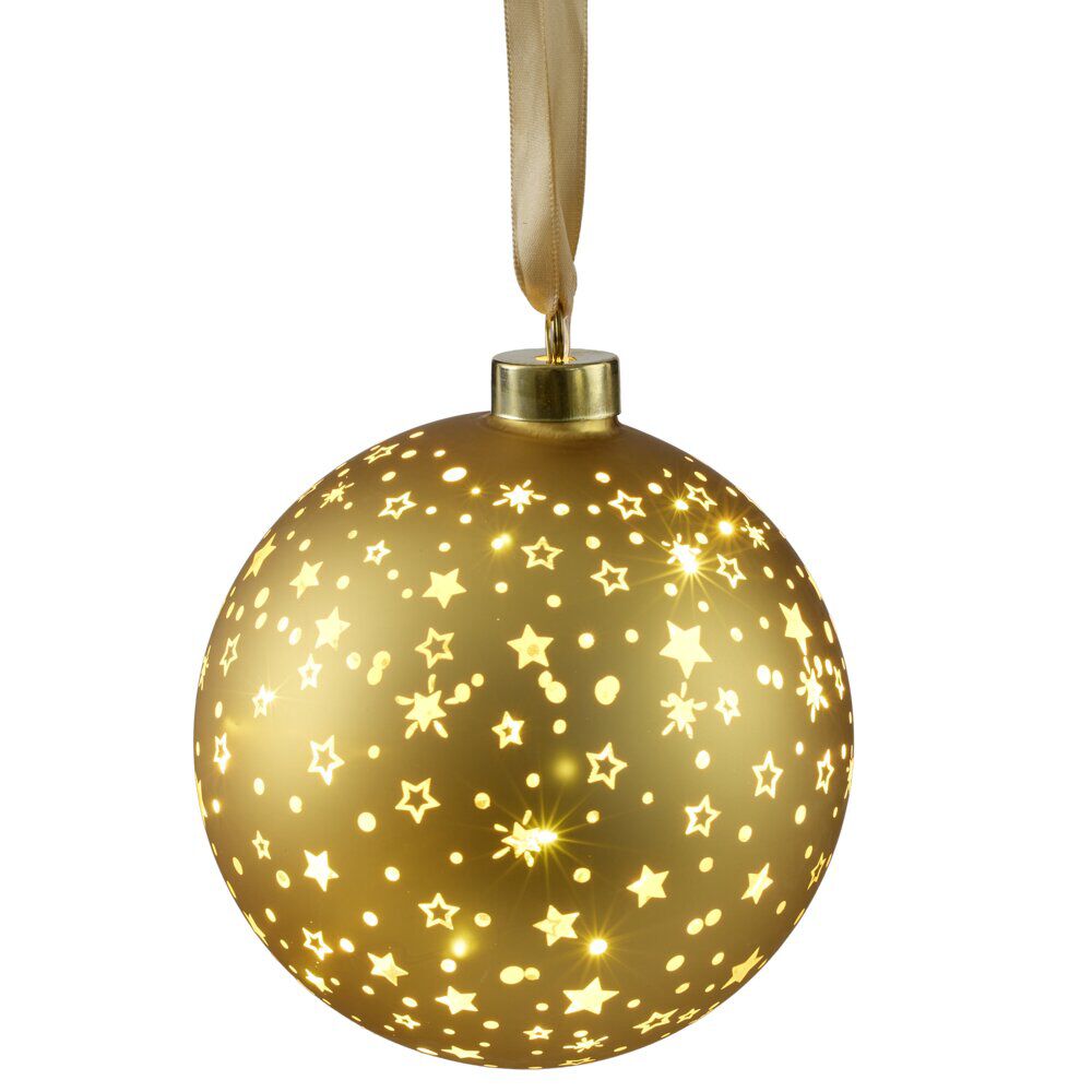 Boule de No&euml;l lumineuse à suspendre 15 LED verre jaune doré Ø14cm