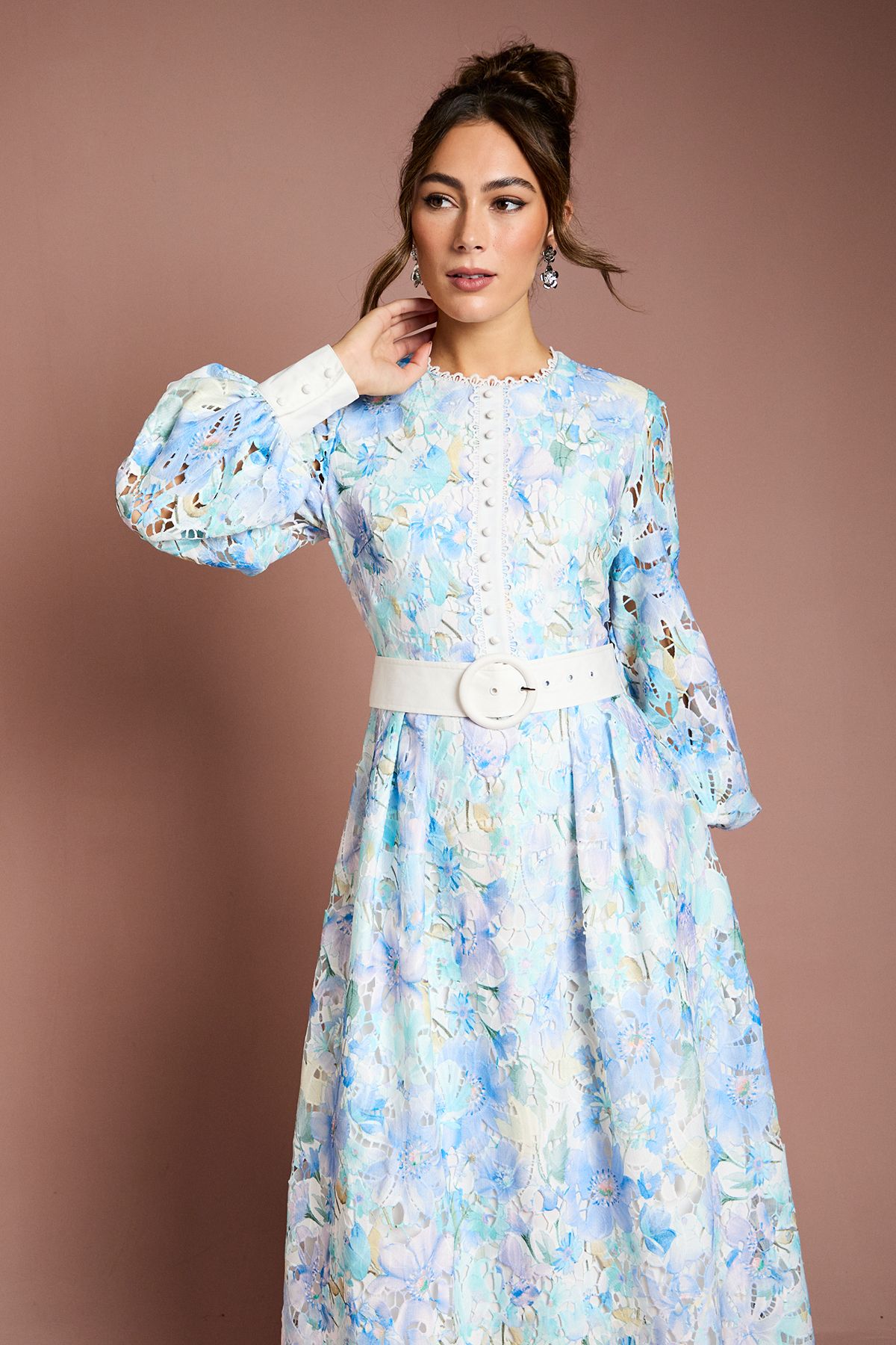 Coast Printed Lace Blouson Sleeve Belted Midi Dress