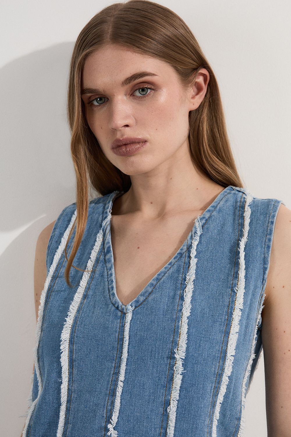 KarenMillen Denim Tassel Detail Longline Top