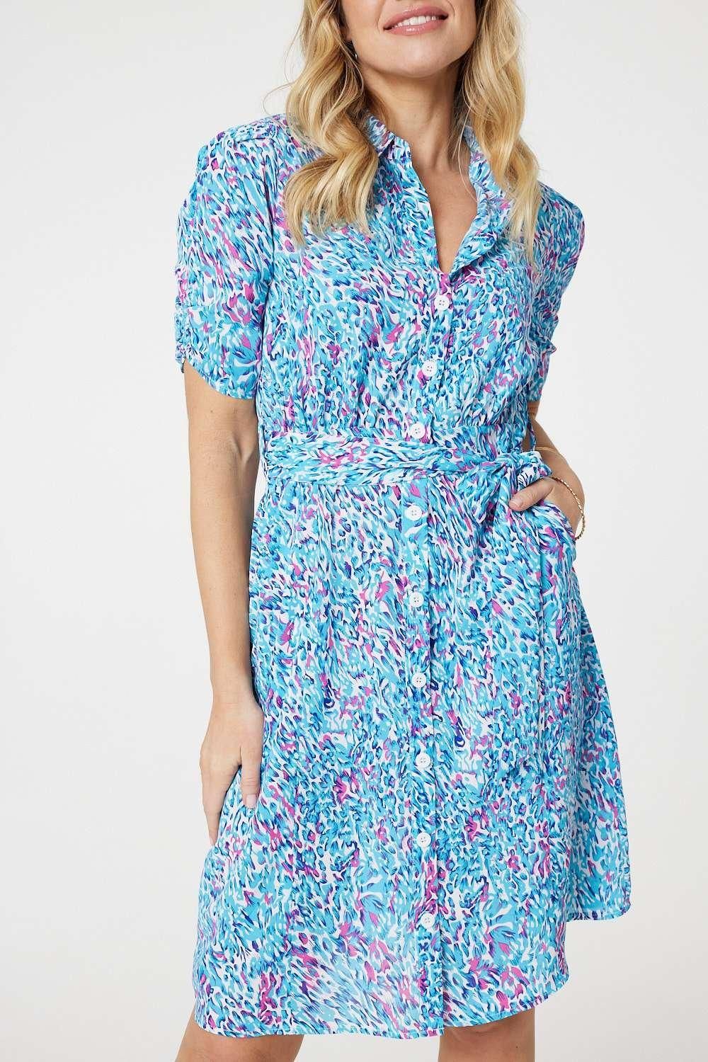 Izabel London Printed Tie Waist Short Shirt Dress