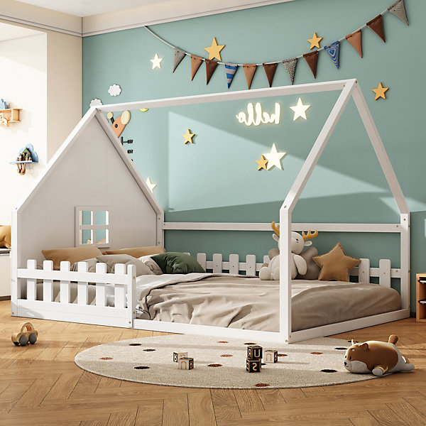 Lit cabane 140 x 200 cm - Lit double enfant avec barrières - Pin   MDF - Sans matelas - Blanc