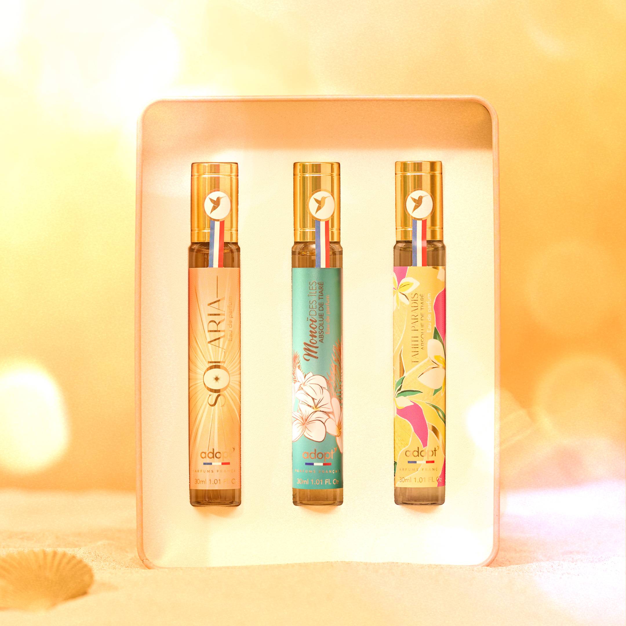 SolariaCoffret métal 3 eaux de parfums Solaria 30 ml   Monoi des iles 30 ml   Tahiti Paradis 30 ml