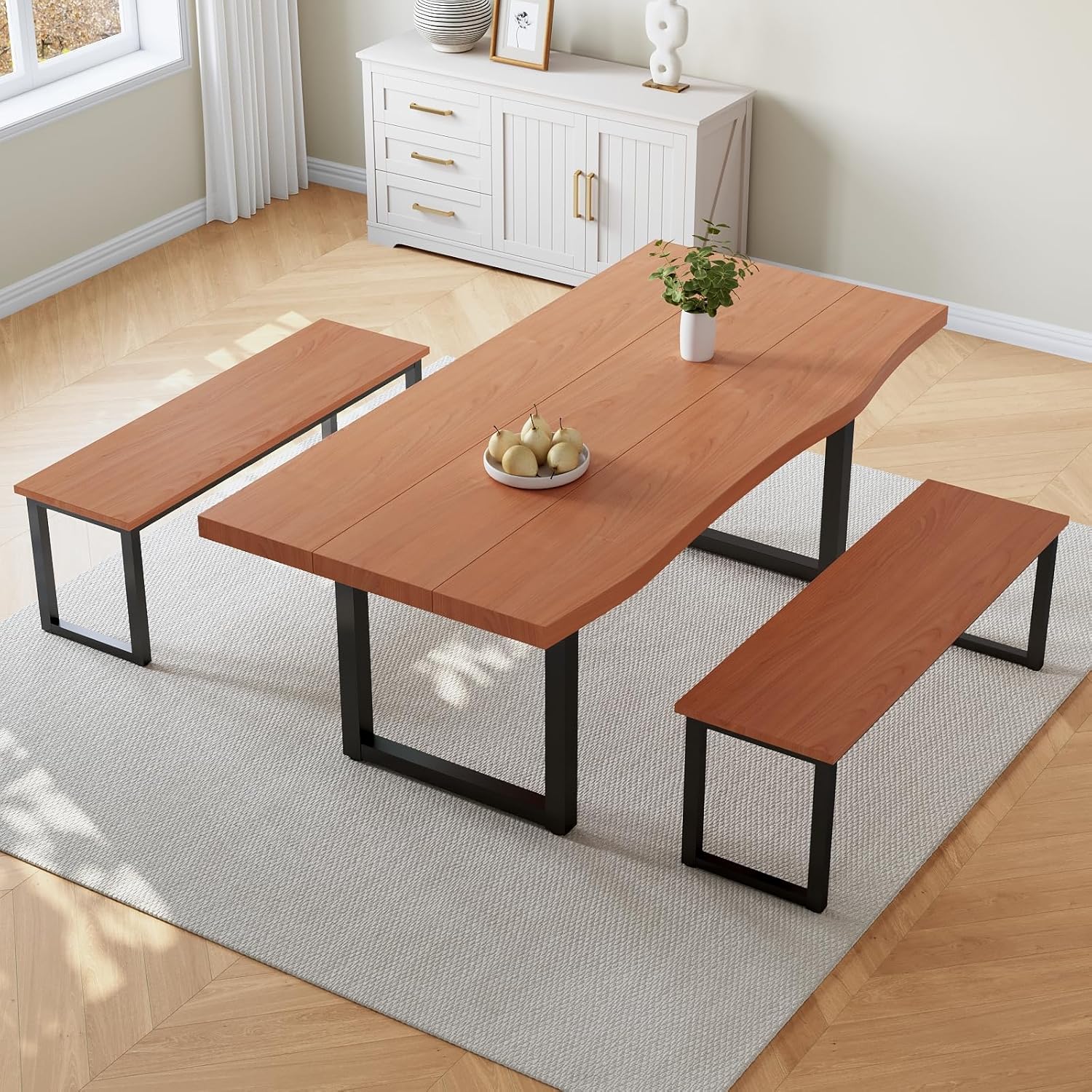 63 Dining Table with 2 Bench, Modern Kitchen Table Set for 4 to 6 Persons, Thickened MDF Wooden Table for Dining Room, Kitchen,Living Room