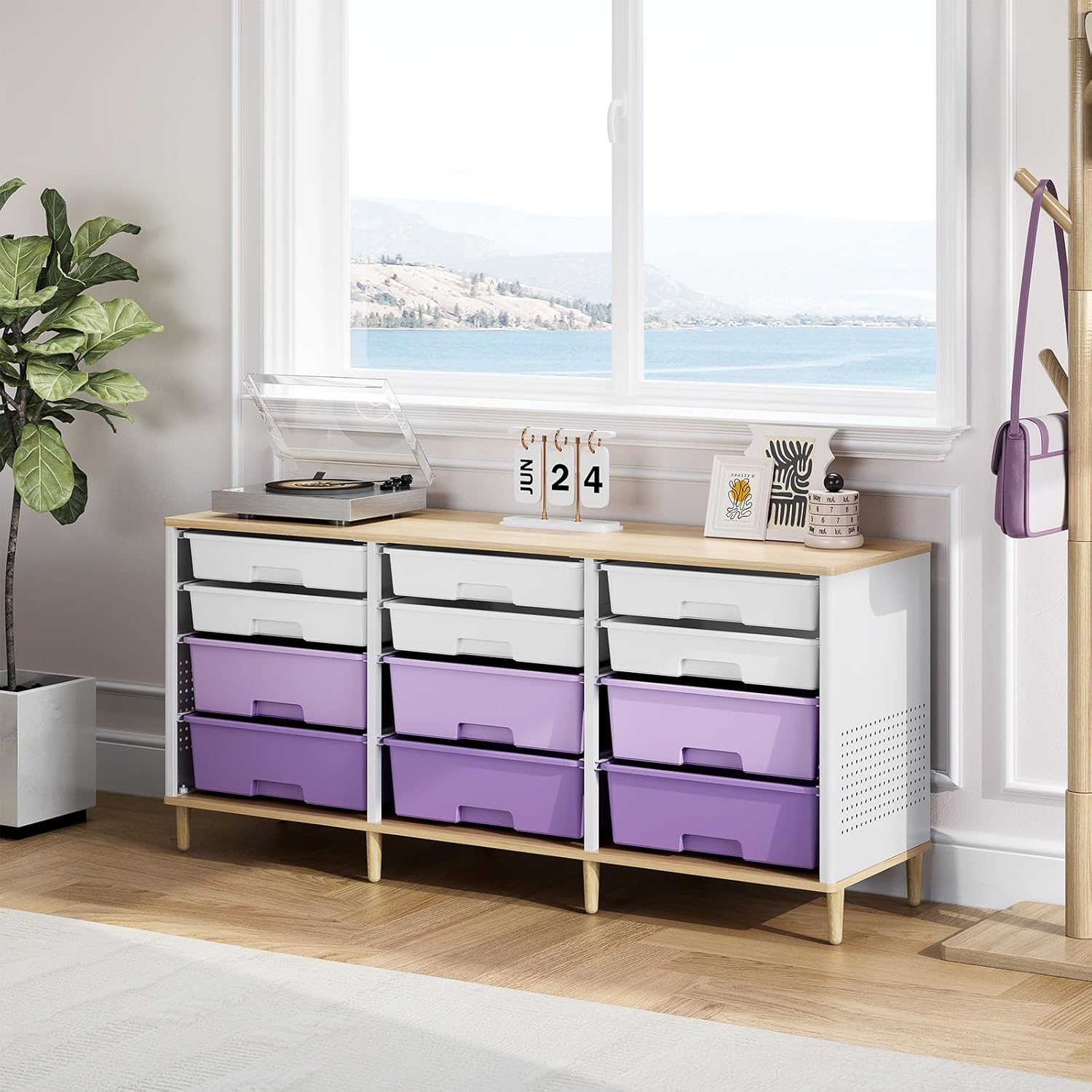 12 Drawers Storage Cabinet with Wooden Top and Plastic Bins, Toy Storage Organizer Toy Shelf Storage Chest Cubby Organizer for Home, Office, Playroom, Classroom & Craft Room Storage (Gradient Purple)