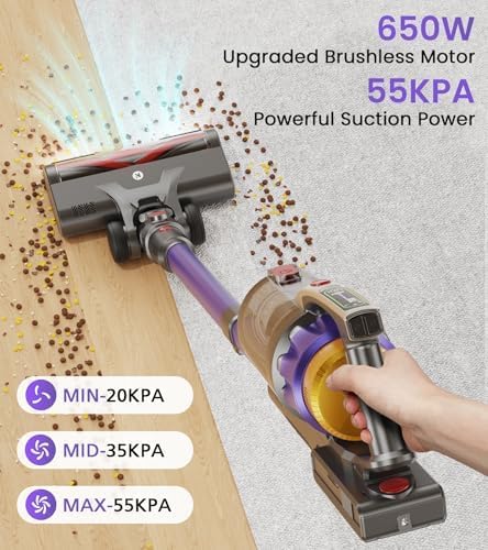NADALY Cordless Vacuum Cleaner, 650W 55KPA 70Mins Vacuum Cleaners for Home, Anti-Tangle, Self-Standing Stick Vacuum with LED Display, Lightweight Vacuum for Hardwood Floors/Pet Hair/Carpet