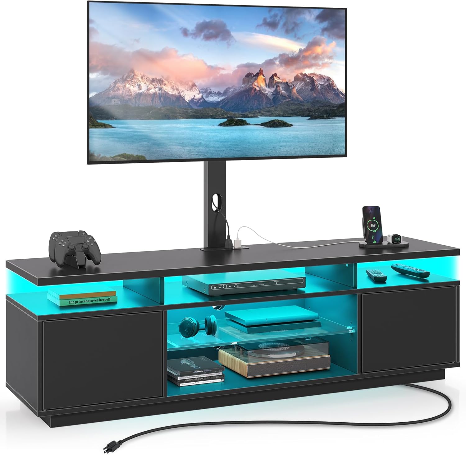 Rolanstar TV Stand with Mount and Power Outlet 51.2, Swivel TV Stand Mount for 32/45/55/60/65/70 inch TVs, Height Adjustable Modern Entertainment Center with Storage & LED Lights, TV Table Black