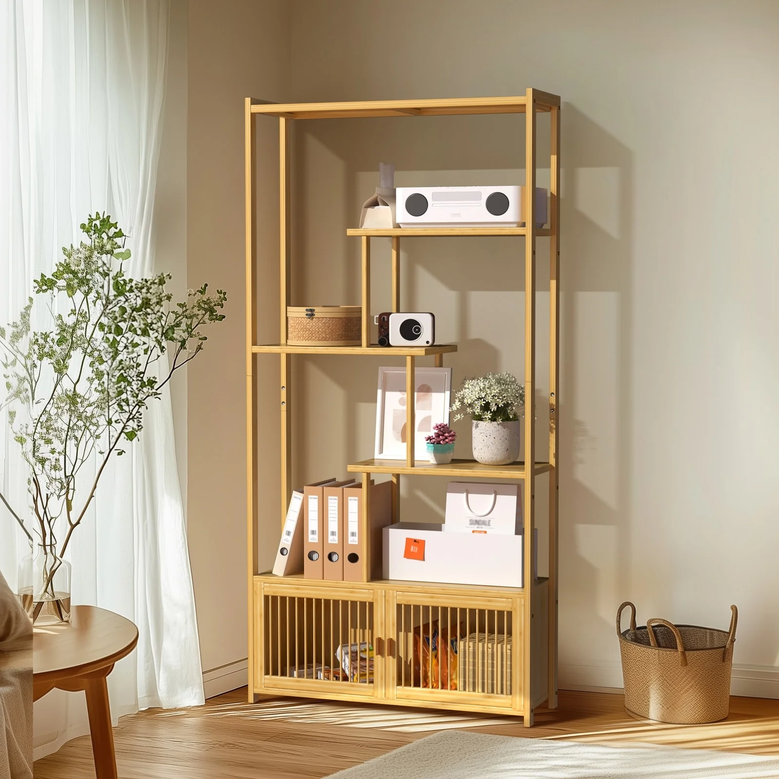 Natural Bamboo 5-Tier Bookcase with Storage Cabinet