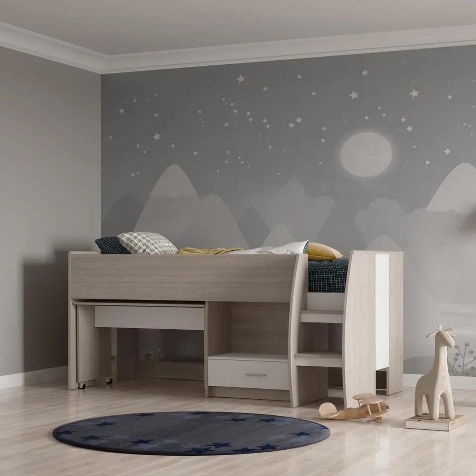 Halfhoogslaper Noni - 90x200 - met bureau en opbergruimte - eik/wit