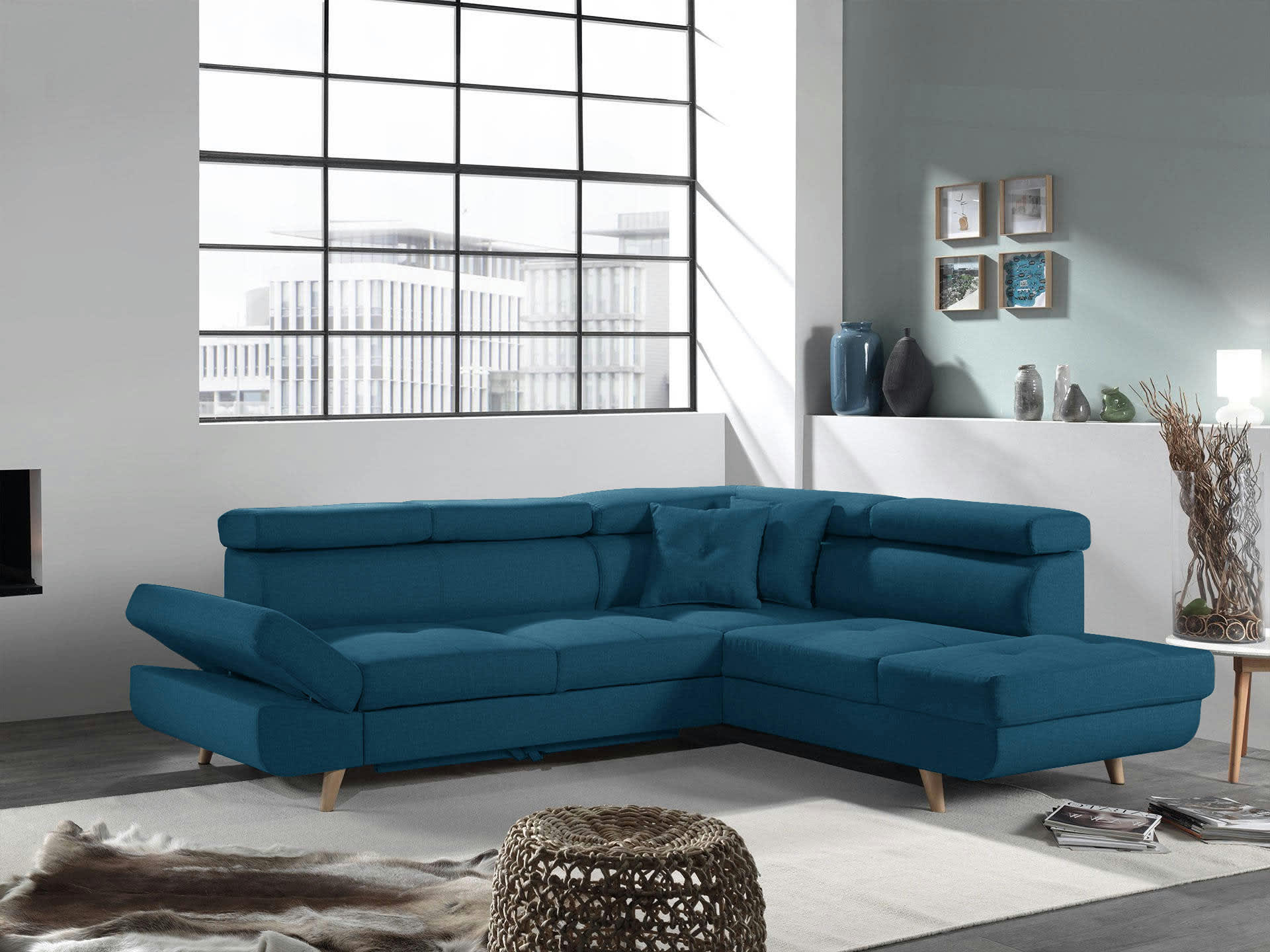 LINEA - Canapé d'angle droit convertible 5 places en tissu bleu canard