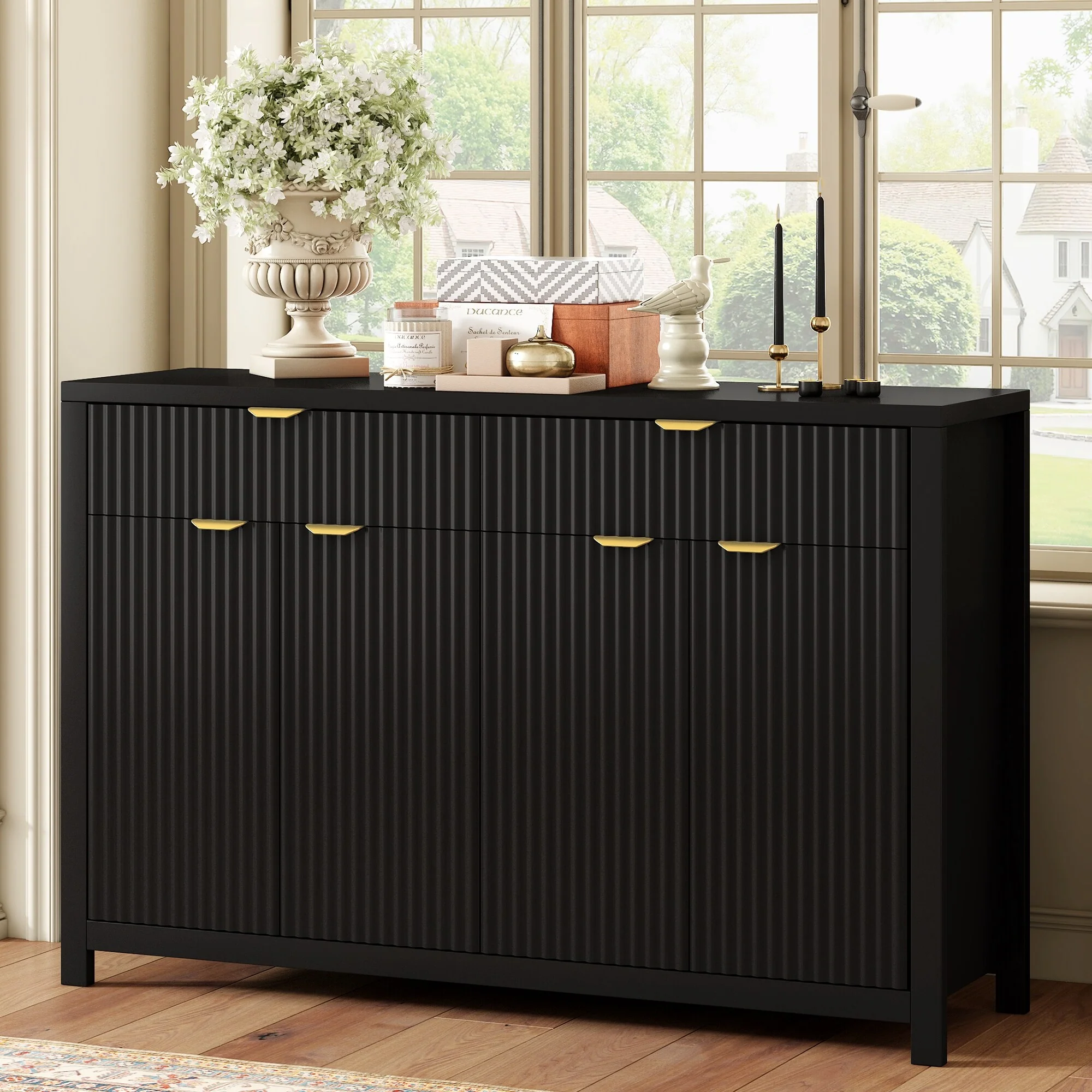 Relief Striping 4 Door Buffet Cabinet Coffee Bar Cabinets with Drawers, Storage Cabinet wAdjustable Shelves & Arc Handles