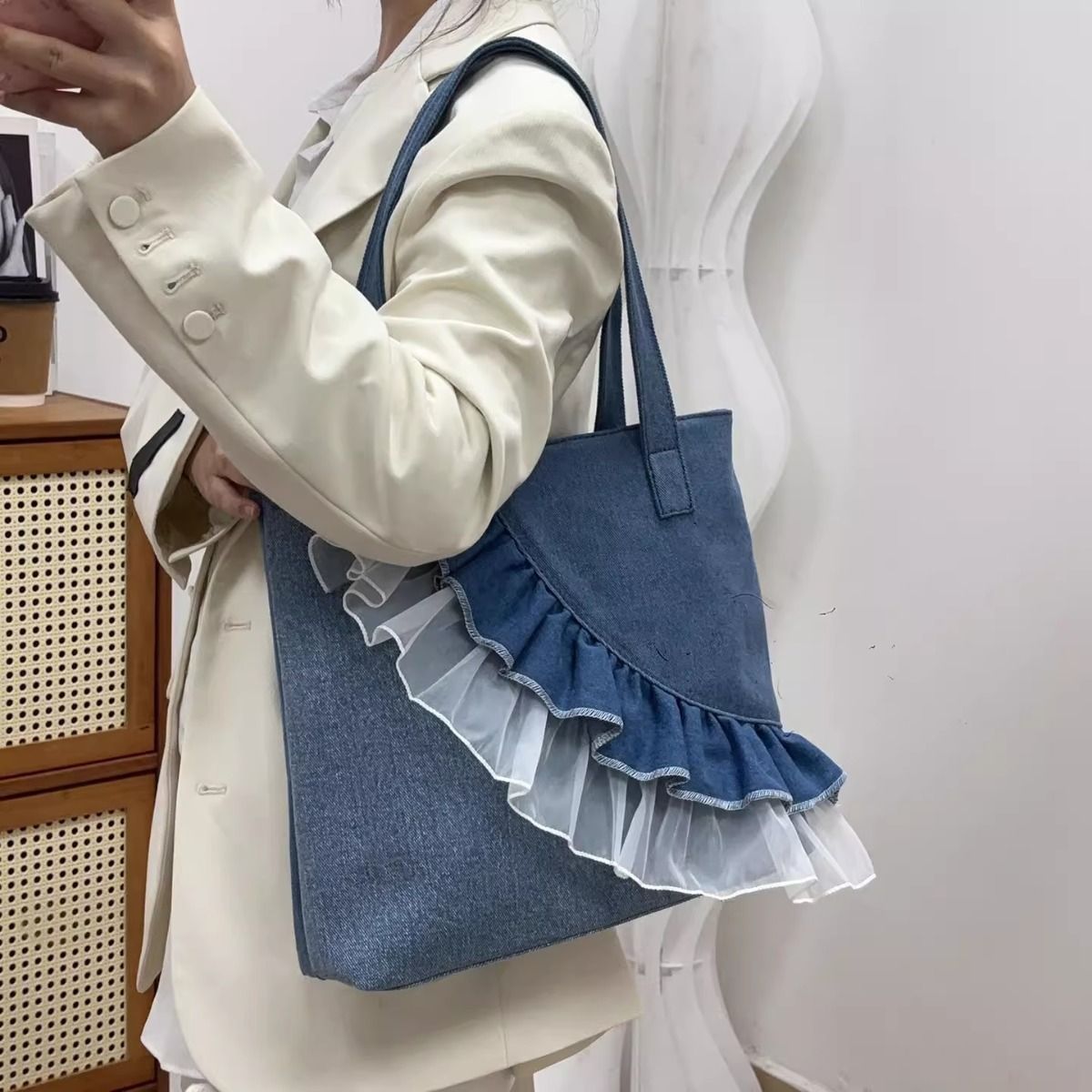 PEACH ACCESSORIES Blue Denim Shoulder Bag with Layered Mesh Ruffle