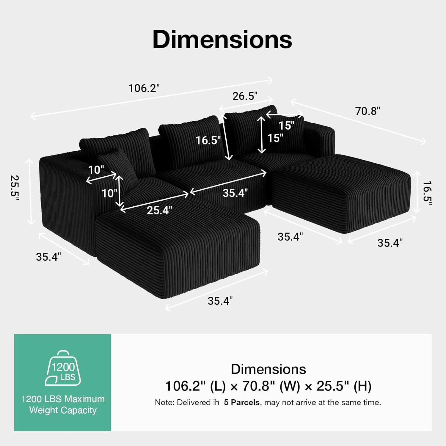Novilla 106 Modular Sectional Sofa, Modern Cloud Sectional Couch with Smarts Coil® Support, U-Shape Boneless Couch for Living Room Apartments Bedroom, No Assembly Required (3 Seat w/ 2 Ottoman)
