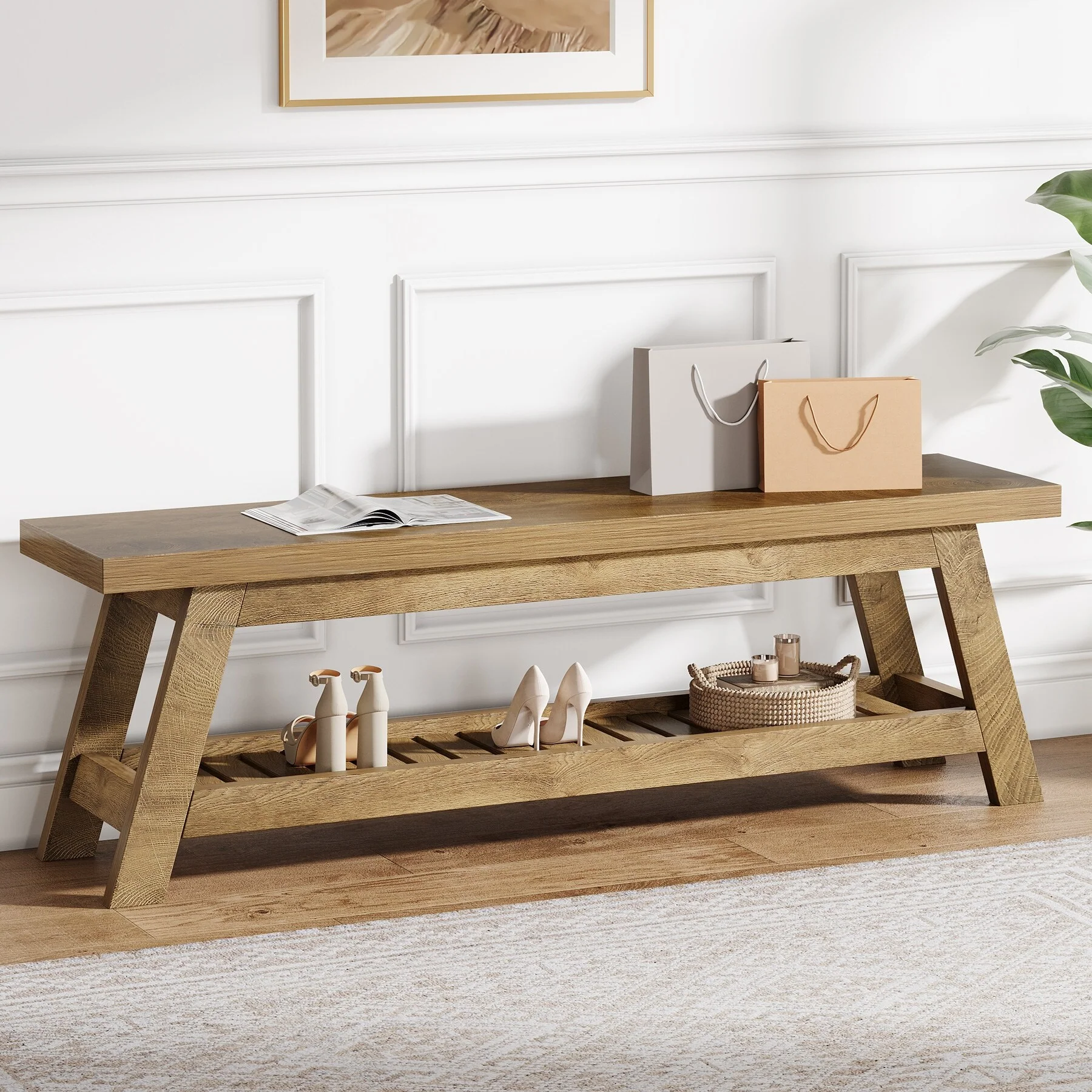 55 Entryway Bench with Shoe Storage, Large 2-Tier Foyer Bench