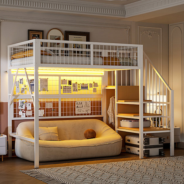 Lit mezzanine 90x200 cm - Lit simple déco avec éclairage LED et rangement sous lit - Armoire ouverte en MDF et métal - Blanc