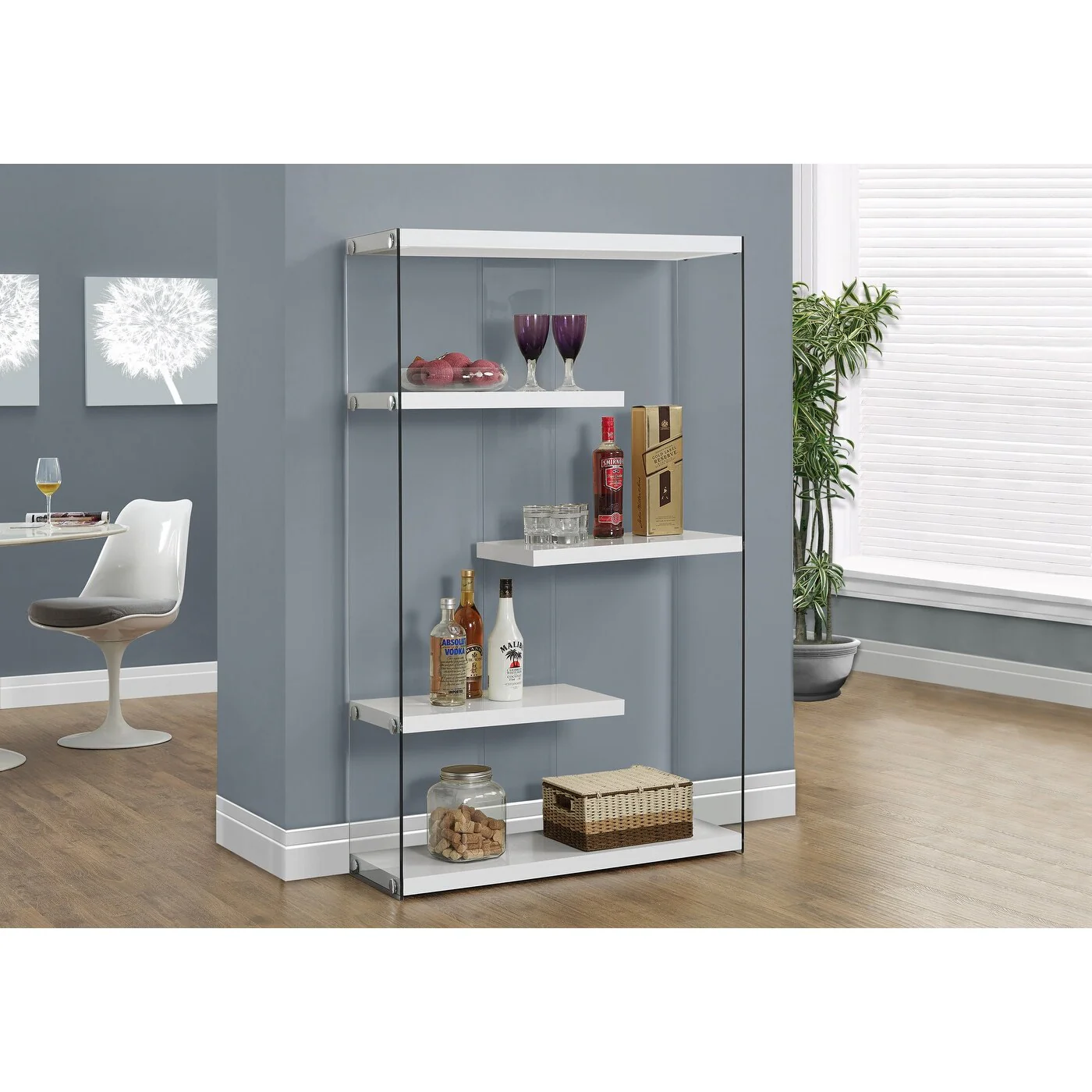 Bookshelf, Bookcase, Etagere, 5 Tier, 60h, Office, Bedroom, Glossy White Laminate, Clear Tempered Glass, Contemporary, Modern