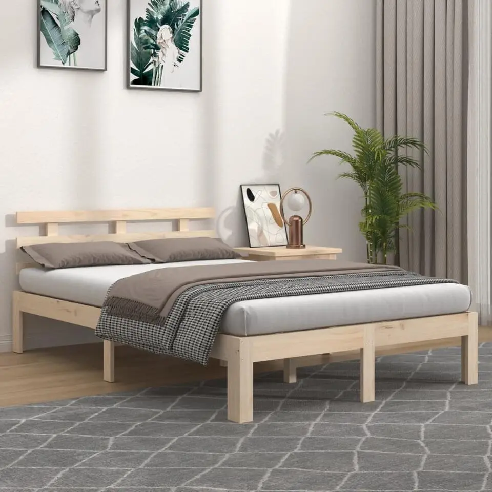 vidaXL - Bed frame met hoofdbord - Naturel - Massief hout - 160x200 cm