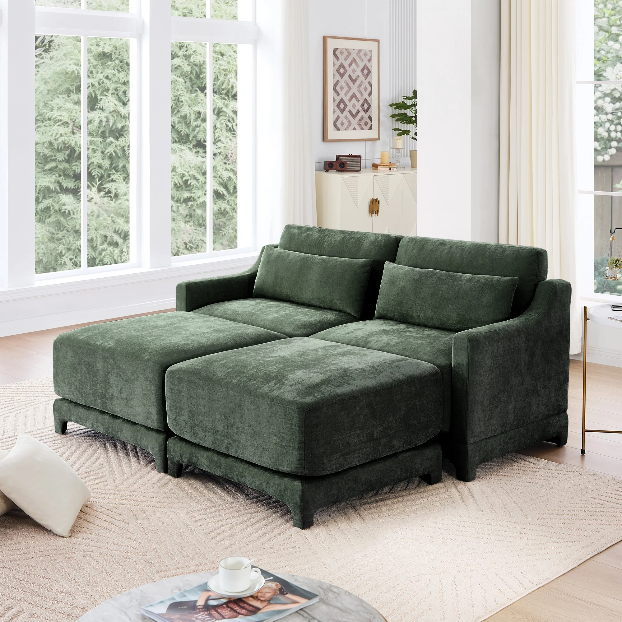 GDFStudio- Crespin Chenille Two-Seater Sofa With 2 Ottoman